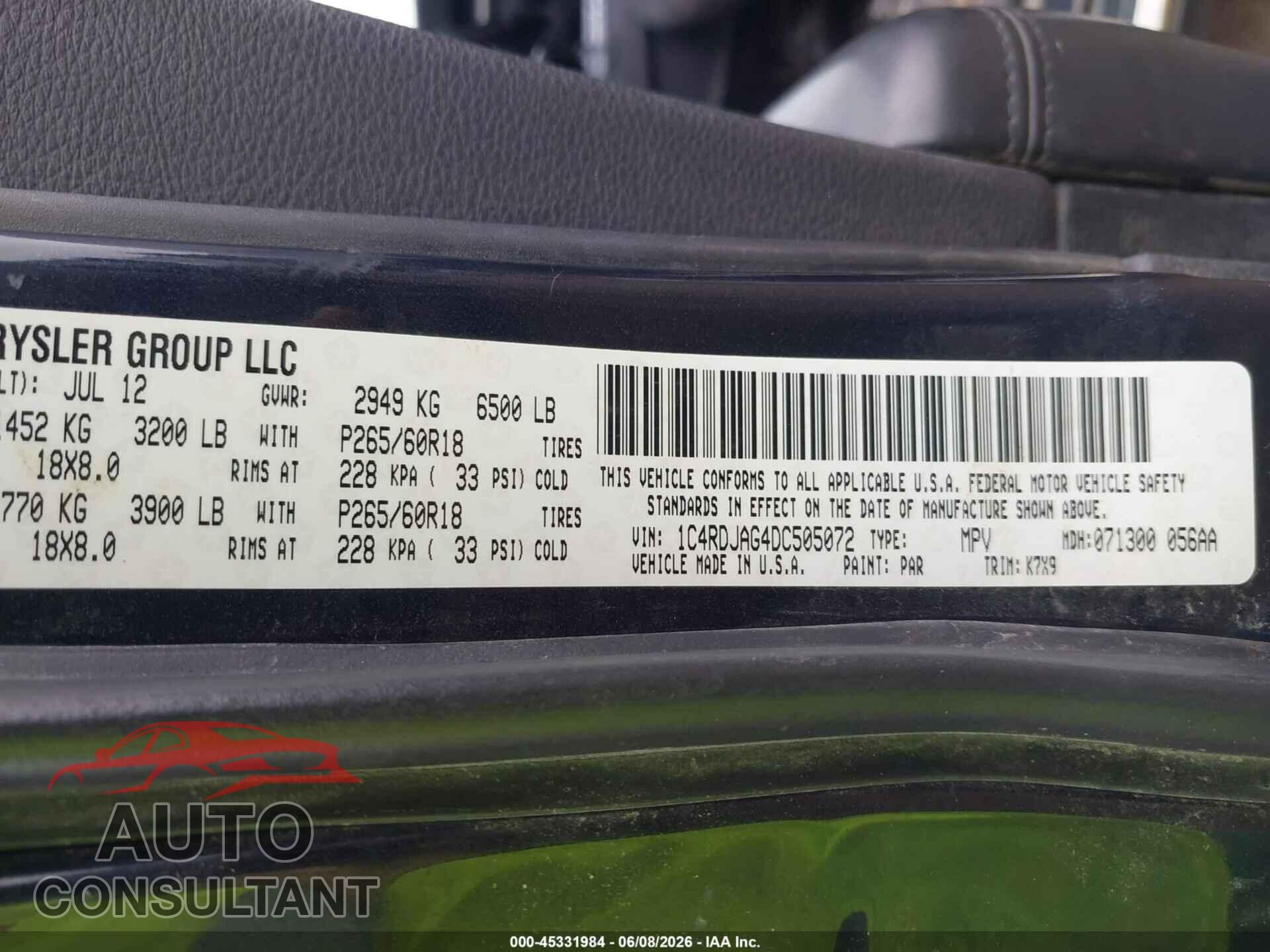 DODGE DURANGO 2013 - 1C4RDJAG4DC505072