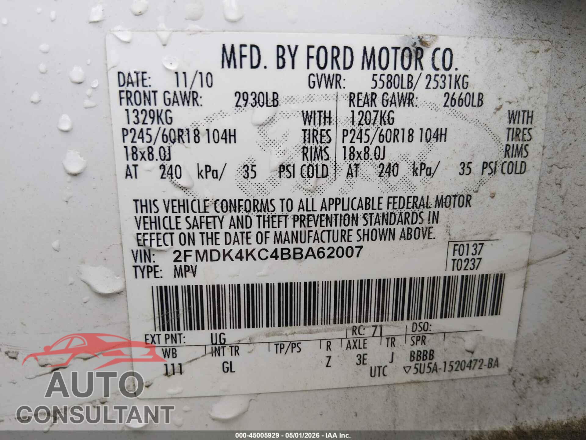 FORD EDGE 2011 - 2FMDK4KC4BBA62007