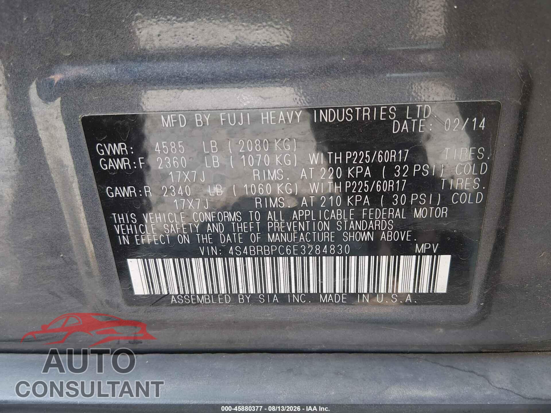 SUBARU OUTBACK 2014 - 4S4BRBPC6E3284830