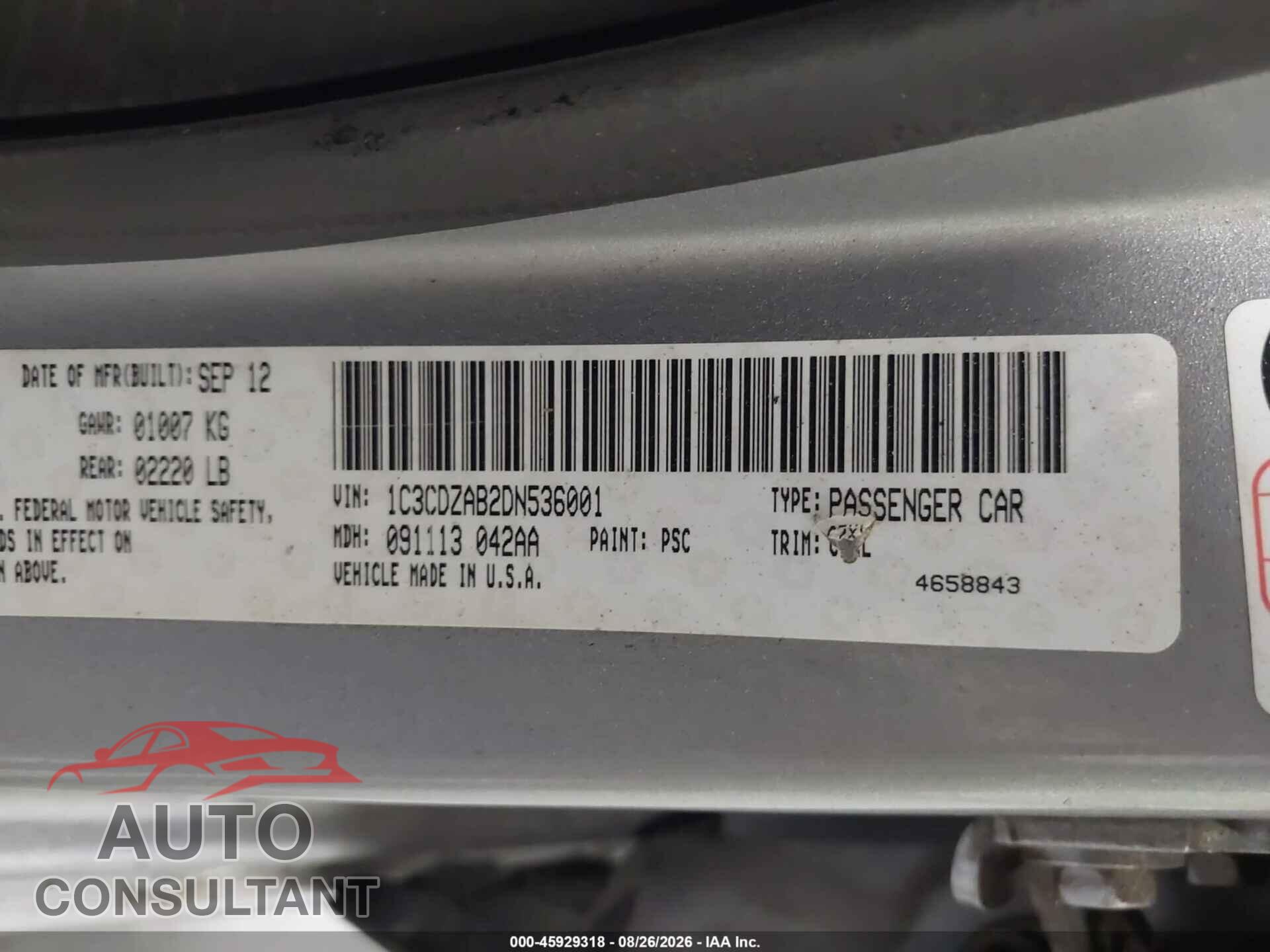 DODGE AVENGER 2013 - 1C3CDZAB2DN536001