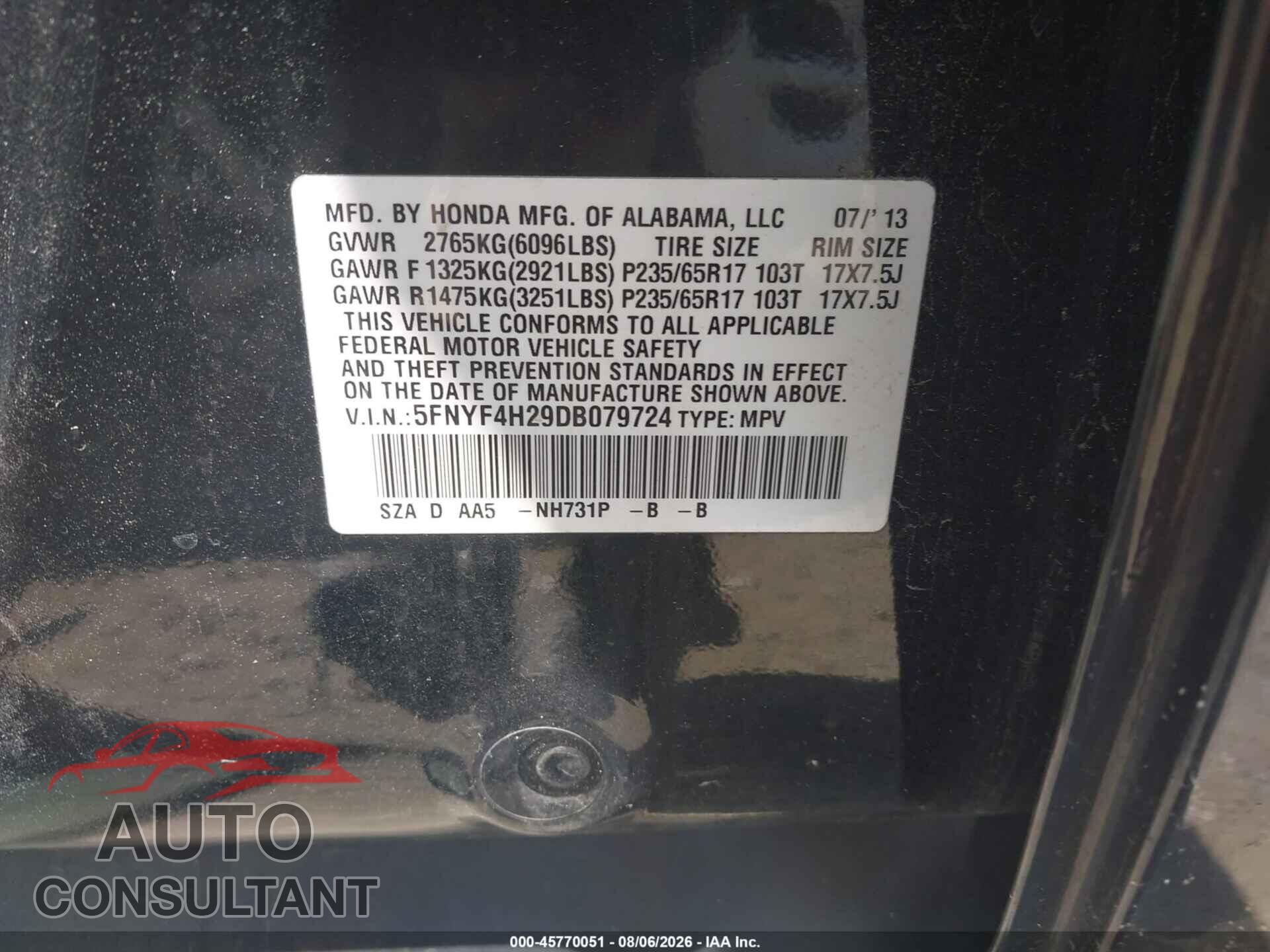 HONDA PILOT 2013 - 5FNYF4H29DB079724
