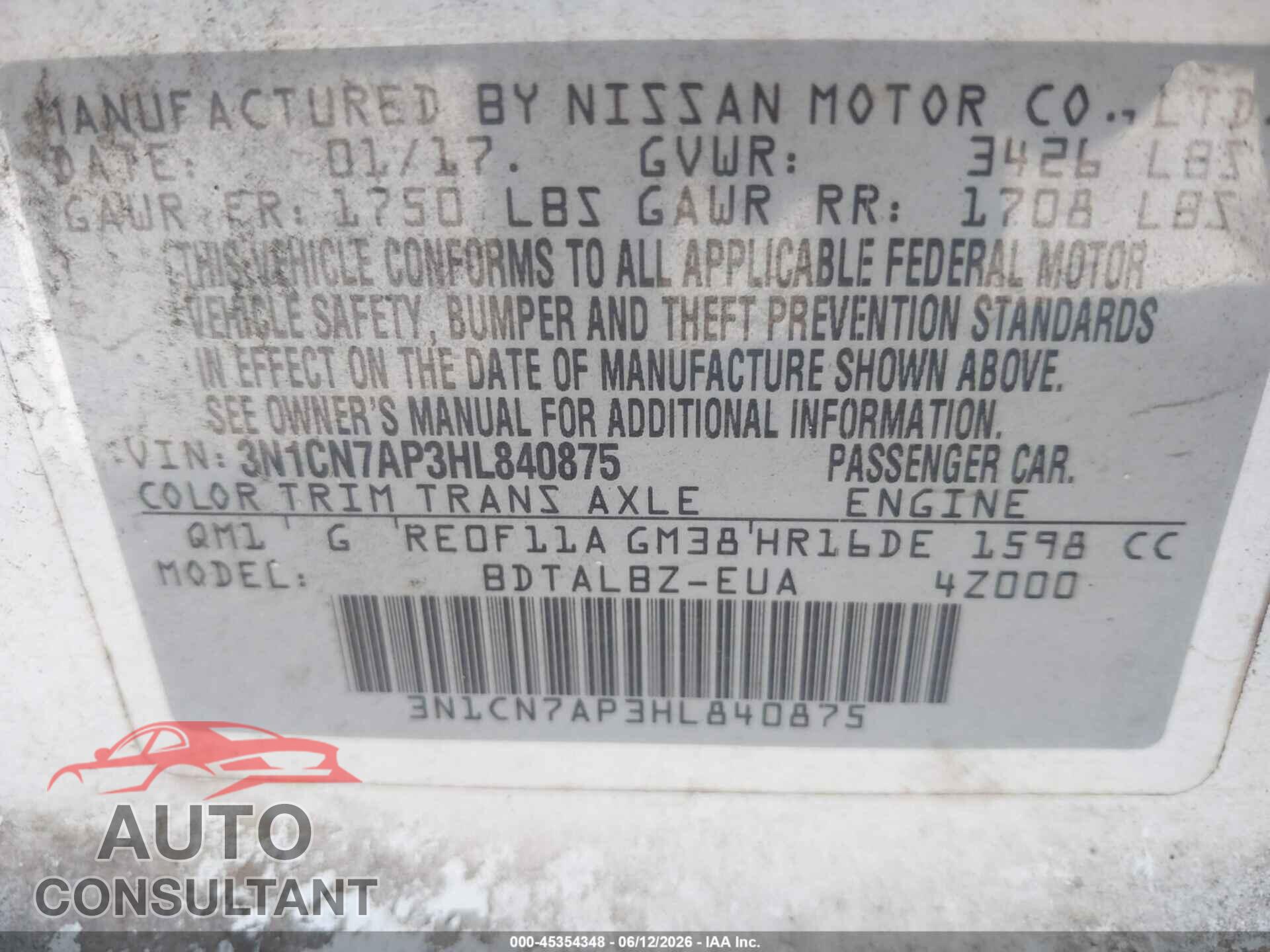 NISSAN VERSA 2017 - 3N1CN7AP3HL840875
