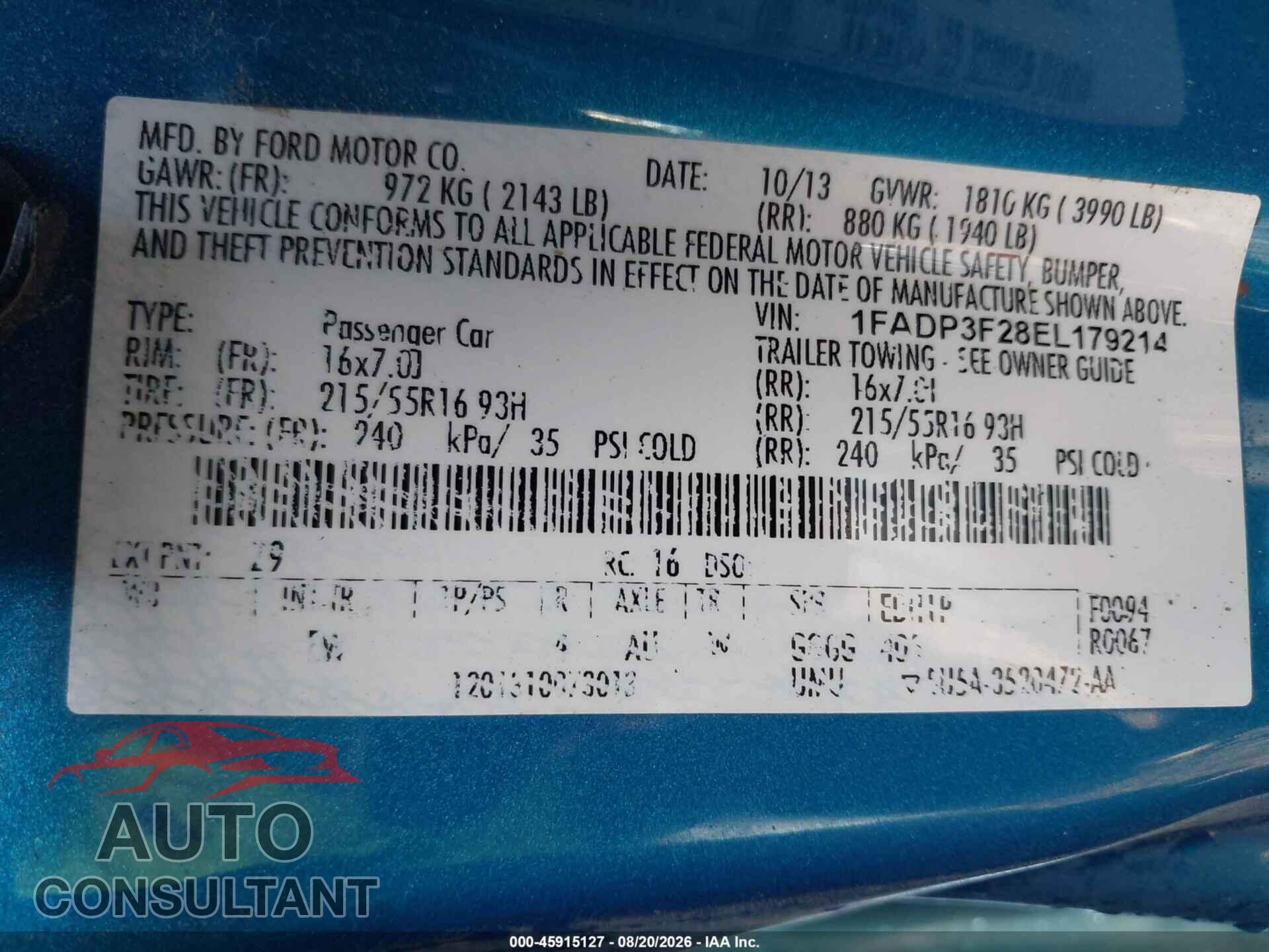 FORD FOCUS 2014 - 1FADP3F28EL179214