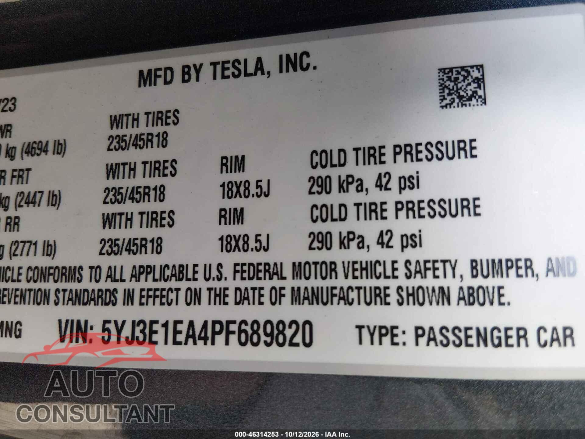 TESLA MODEL 3 2023 - 5YJ3E1EA4PF689820