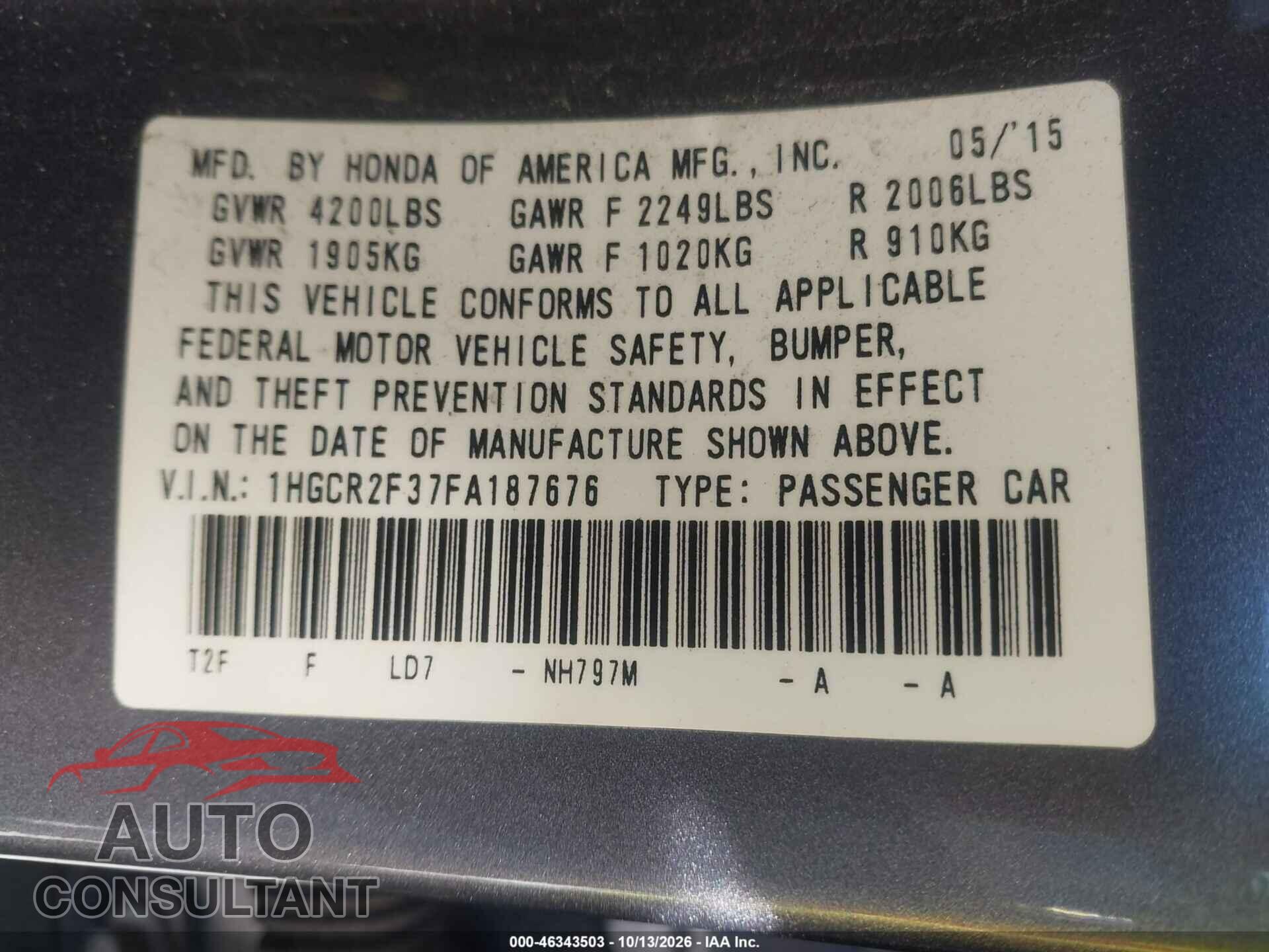 HONDA ACCORD 2015 - 1HGCR2F37FA187676