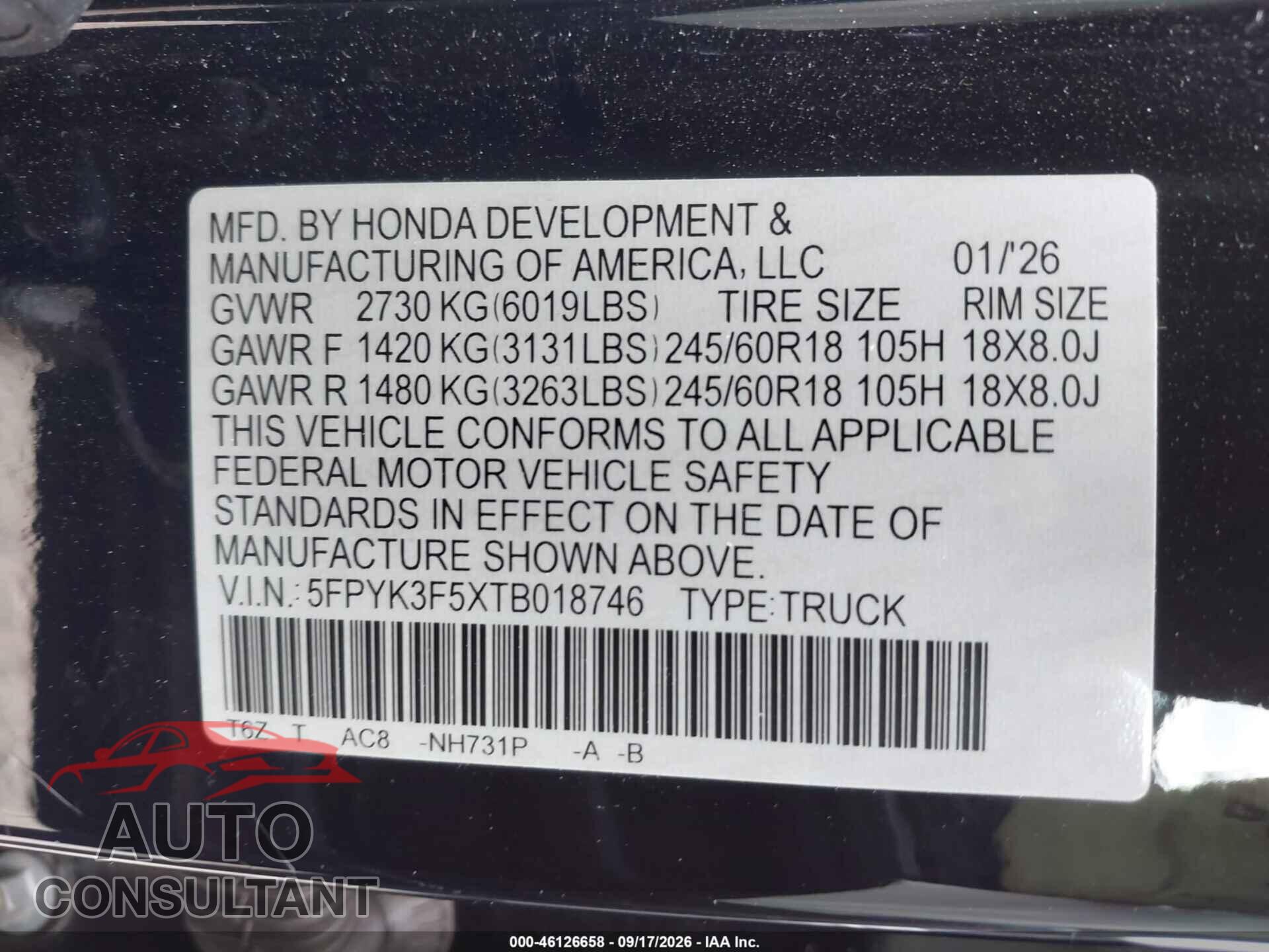 HONDA RIDGELINE 2026 - 5FPYK3F5XTB018746