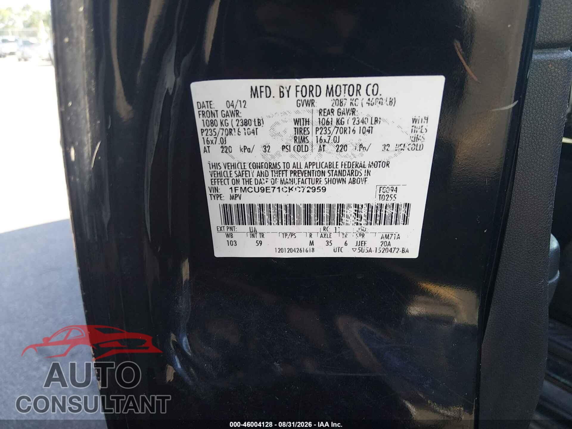 FORD ESCAPE 2012 - 1FMCU9E71CKC72959