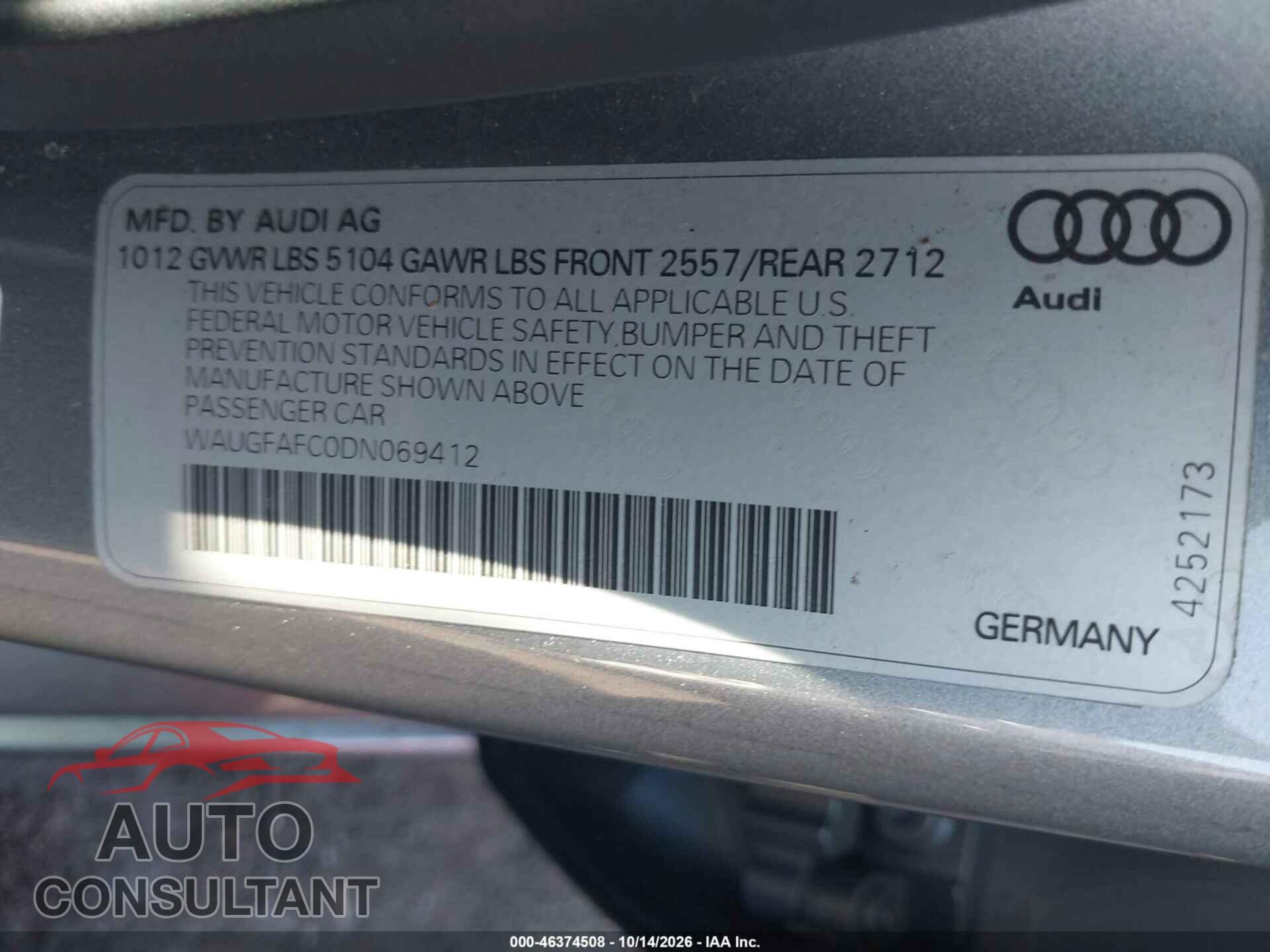 AUDI A6 2013 - WAUGFAFC0DN069412