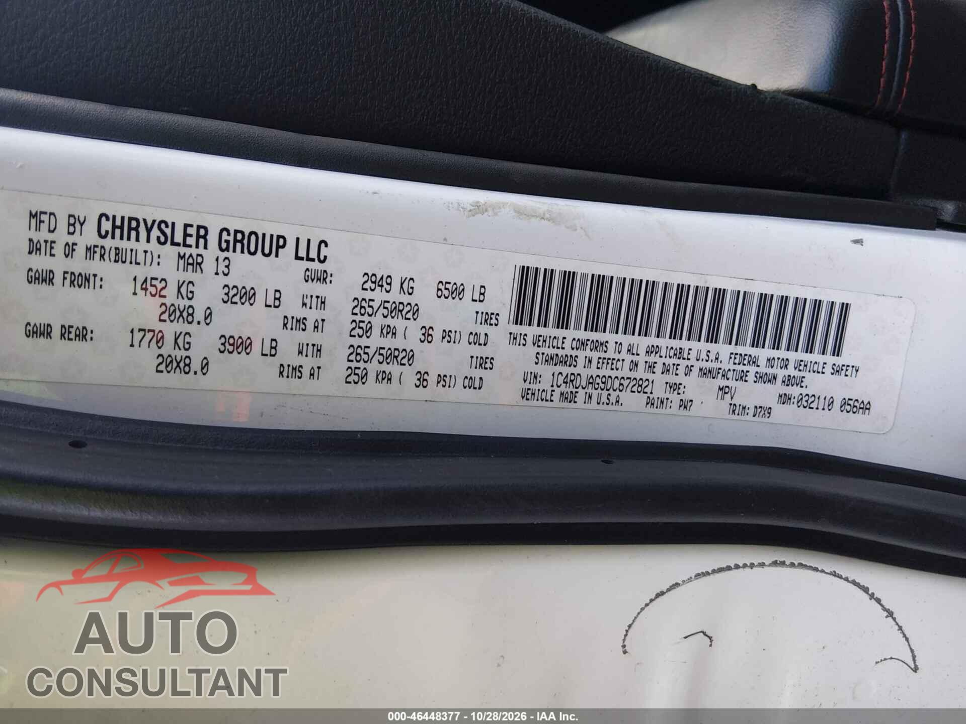 DODGE DURANGO 2013 - 1C4RDJAG9DC672821