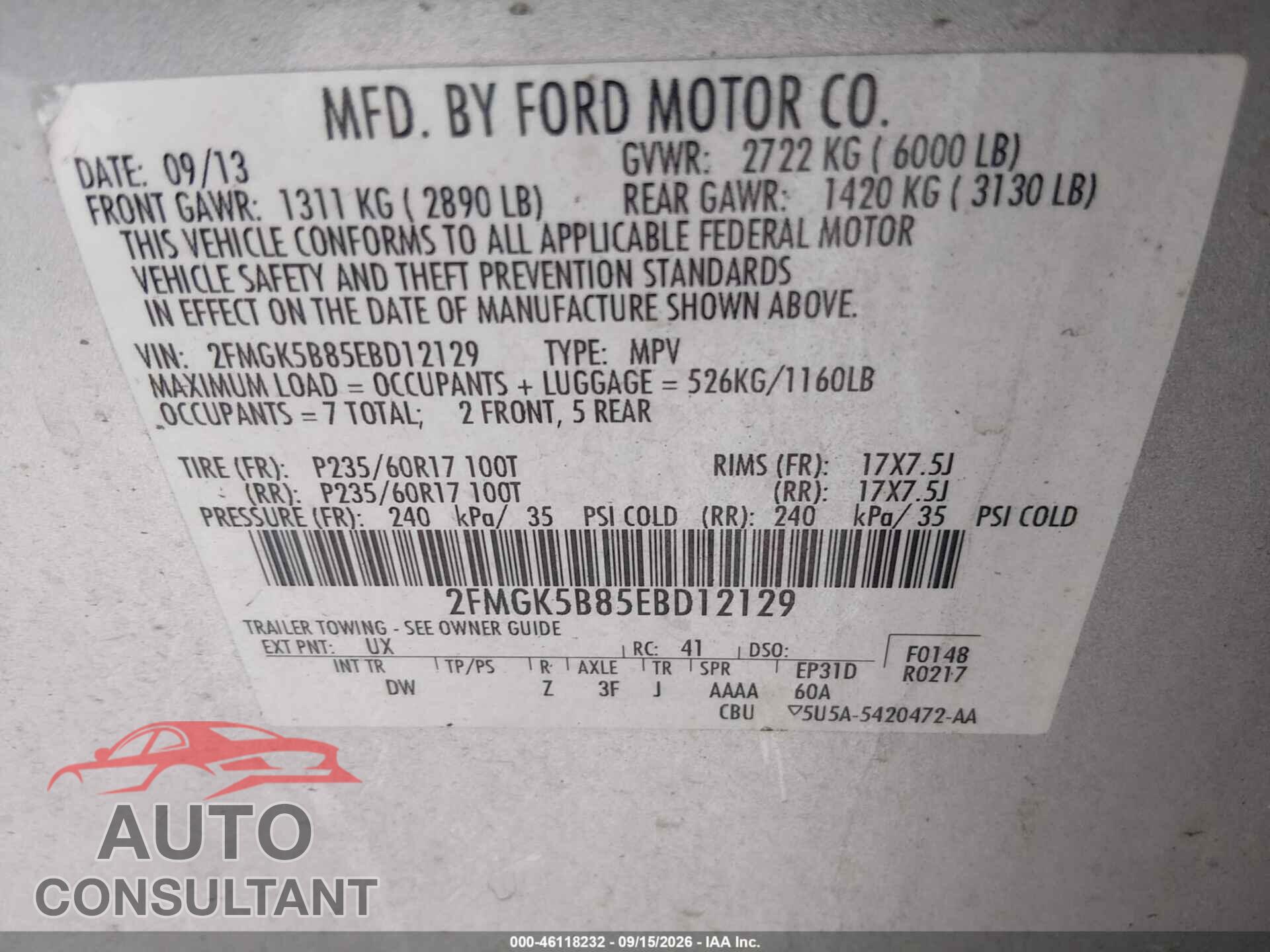 FORD FLEX 2014 - 2FMGK5B85EBD12129