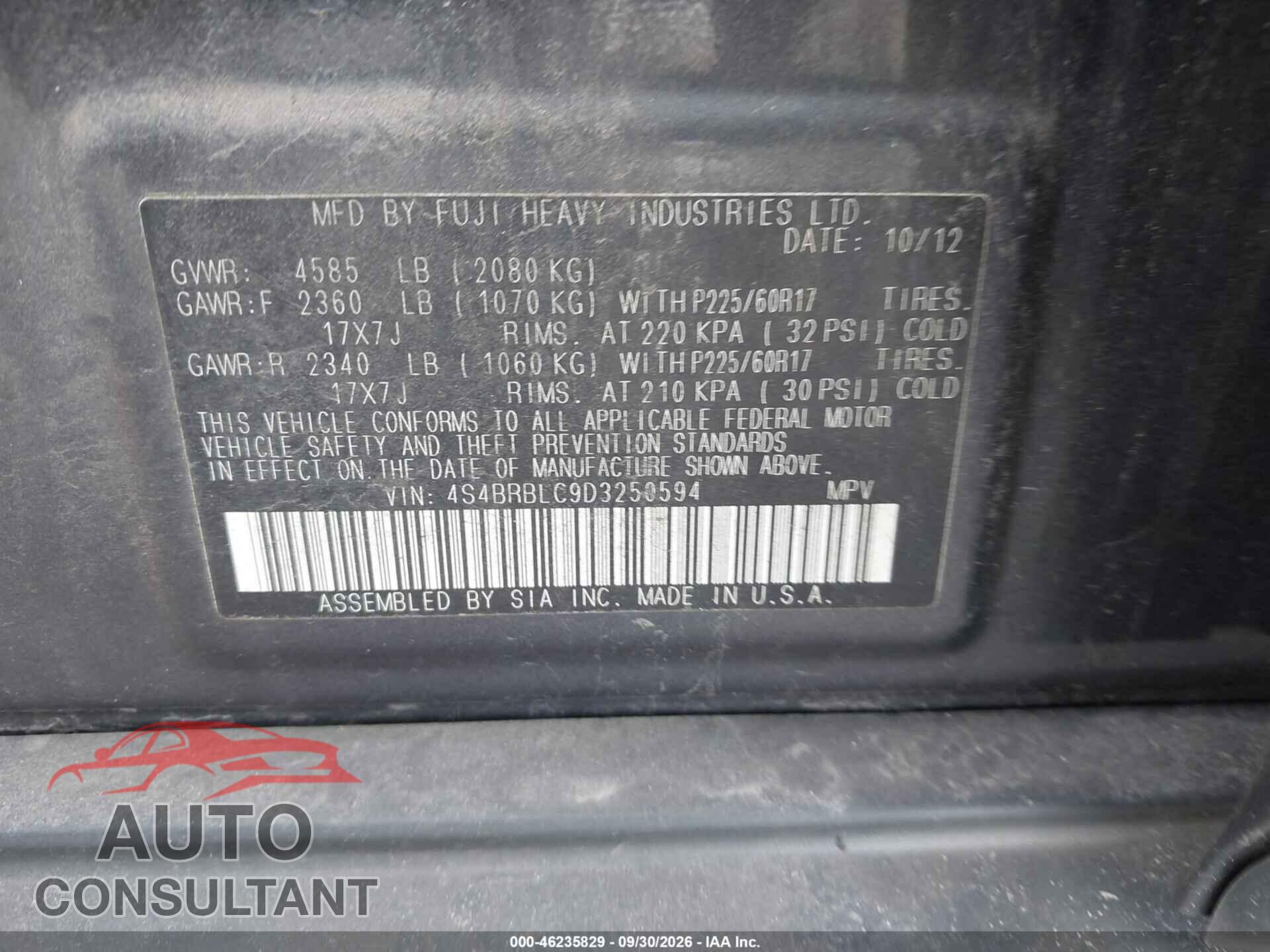 SUBARU OUTBACK 2013 - 4S4BRBLC9D3250594