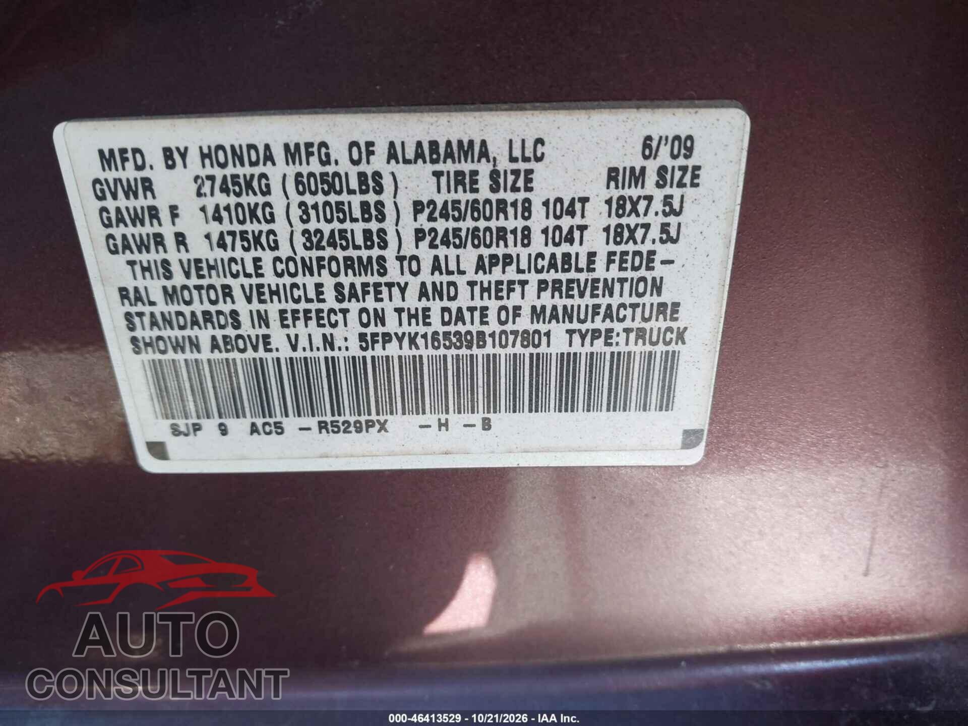 HONDA RIDGELINE 2009 - 5FPYK16539B107801
