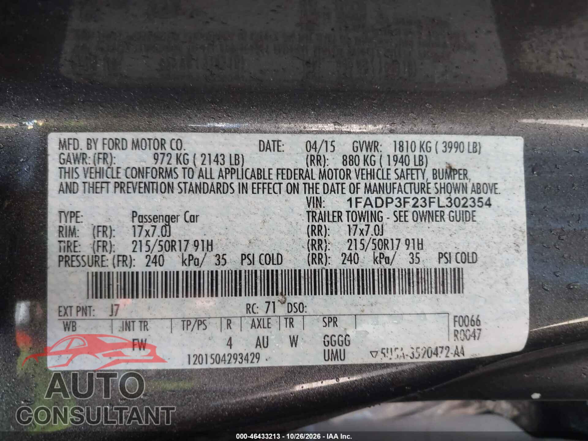 FORD FOCUS 2015 - 1FADP3F23FL302354