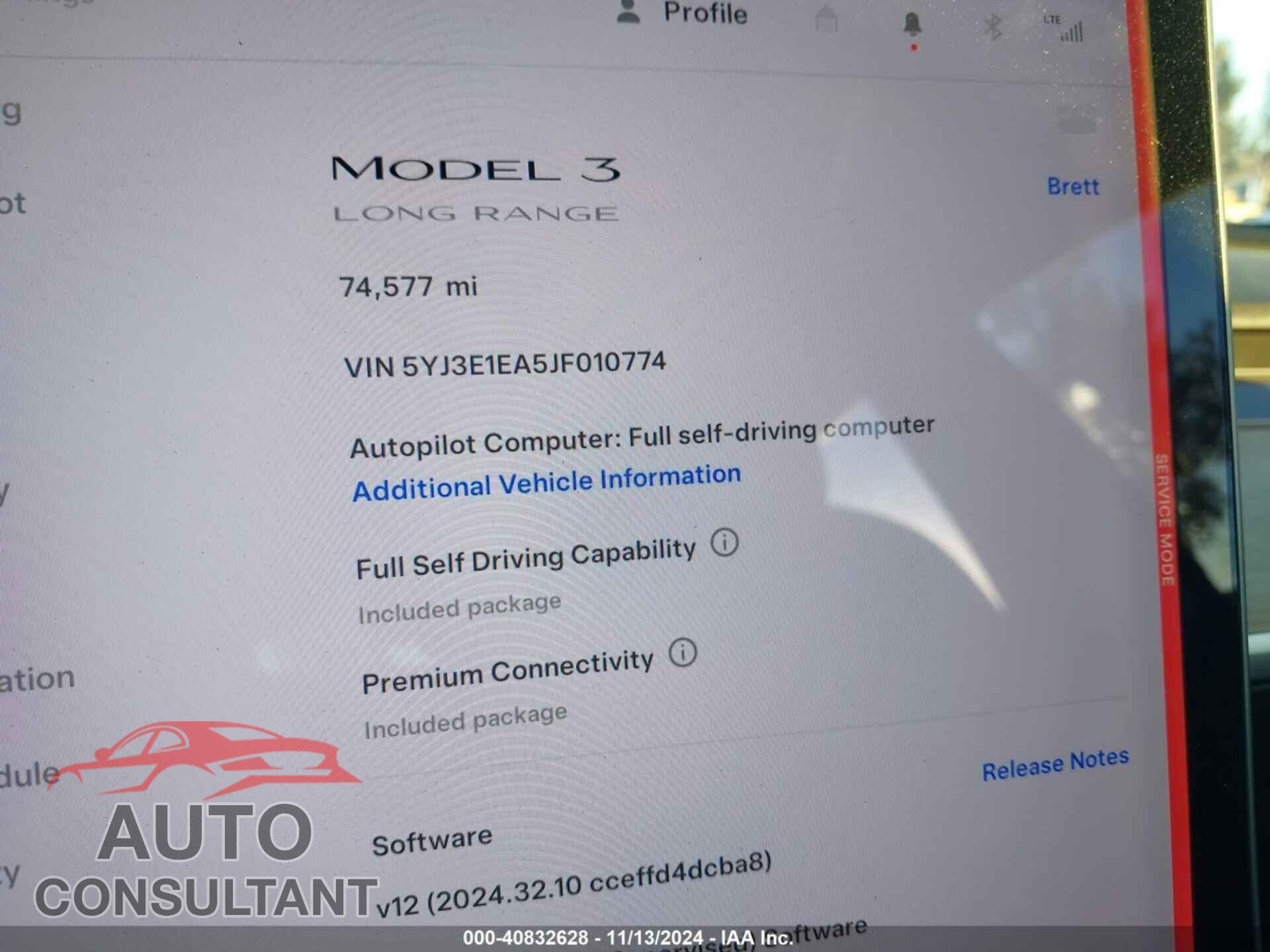 TESLA MODEL 3 2018 - 5YJ3E1EA5JF010774