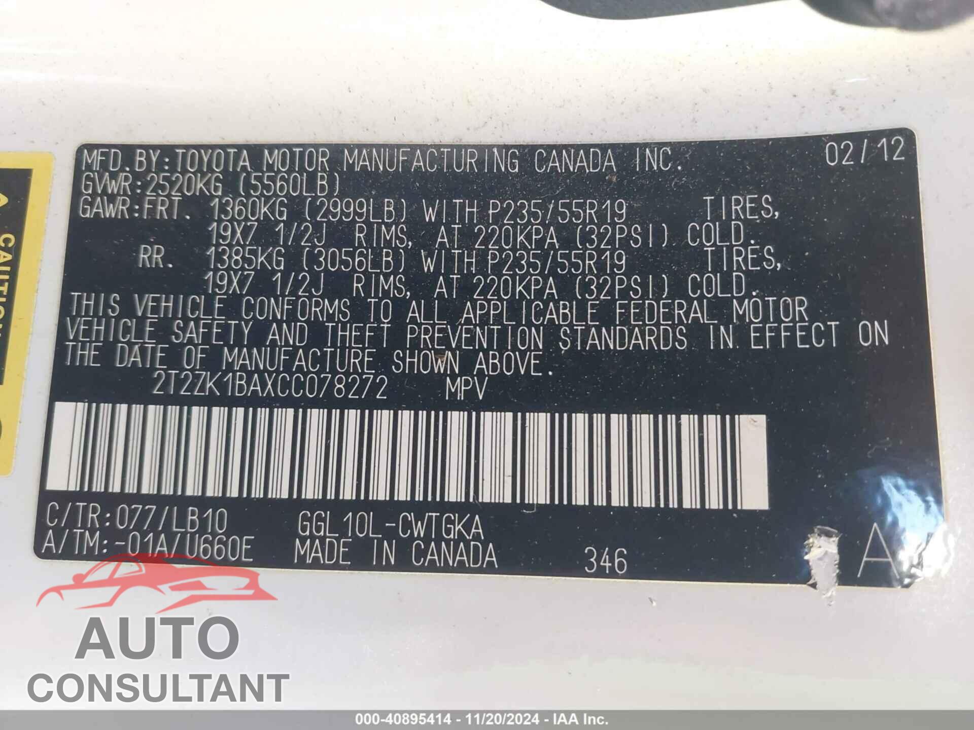 LEXUS RX 350 2012 - 2T2ZK1BAXCC078272