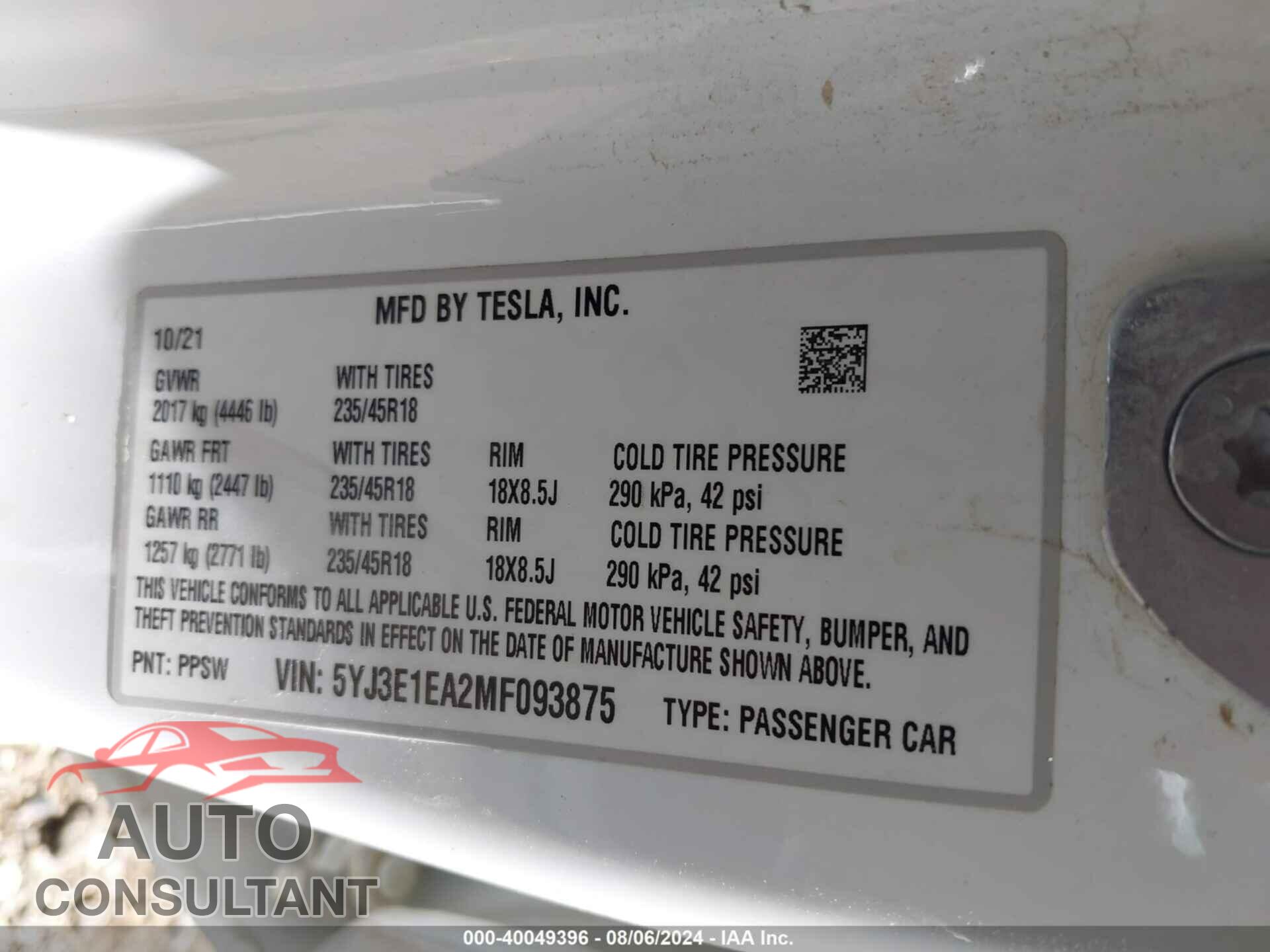 TESLA MODEL 3 2021 - 5YJ3E1EA2MF093875