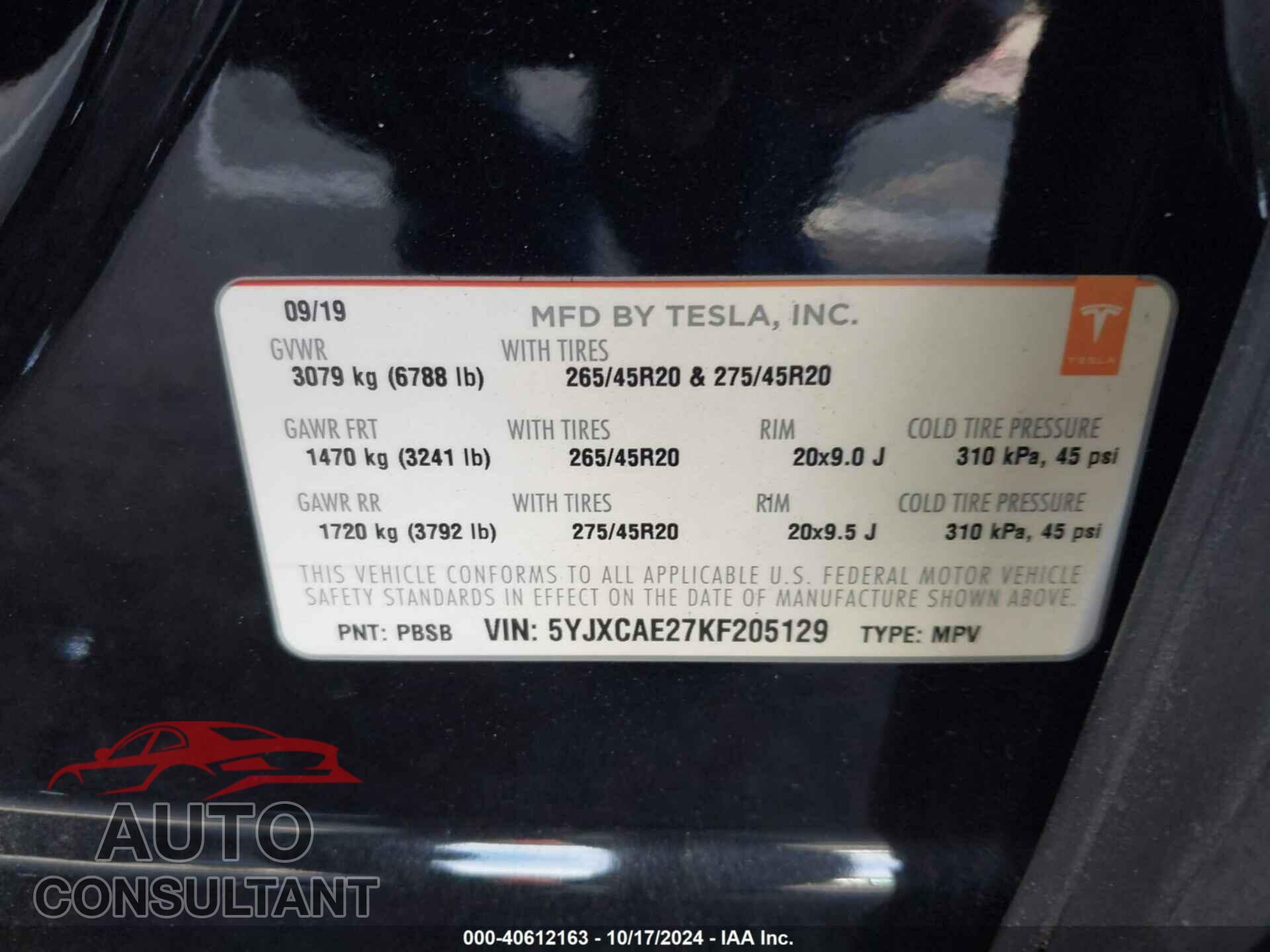 TESLA MODEL X 2019 - 5YJXCAE27KF205129