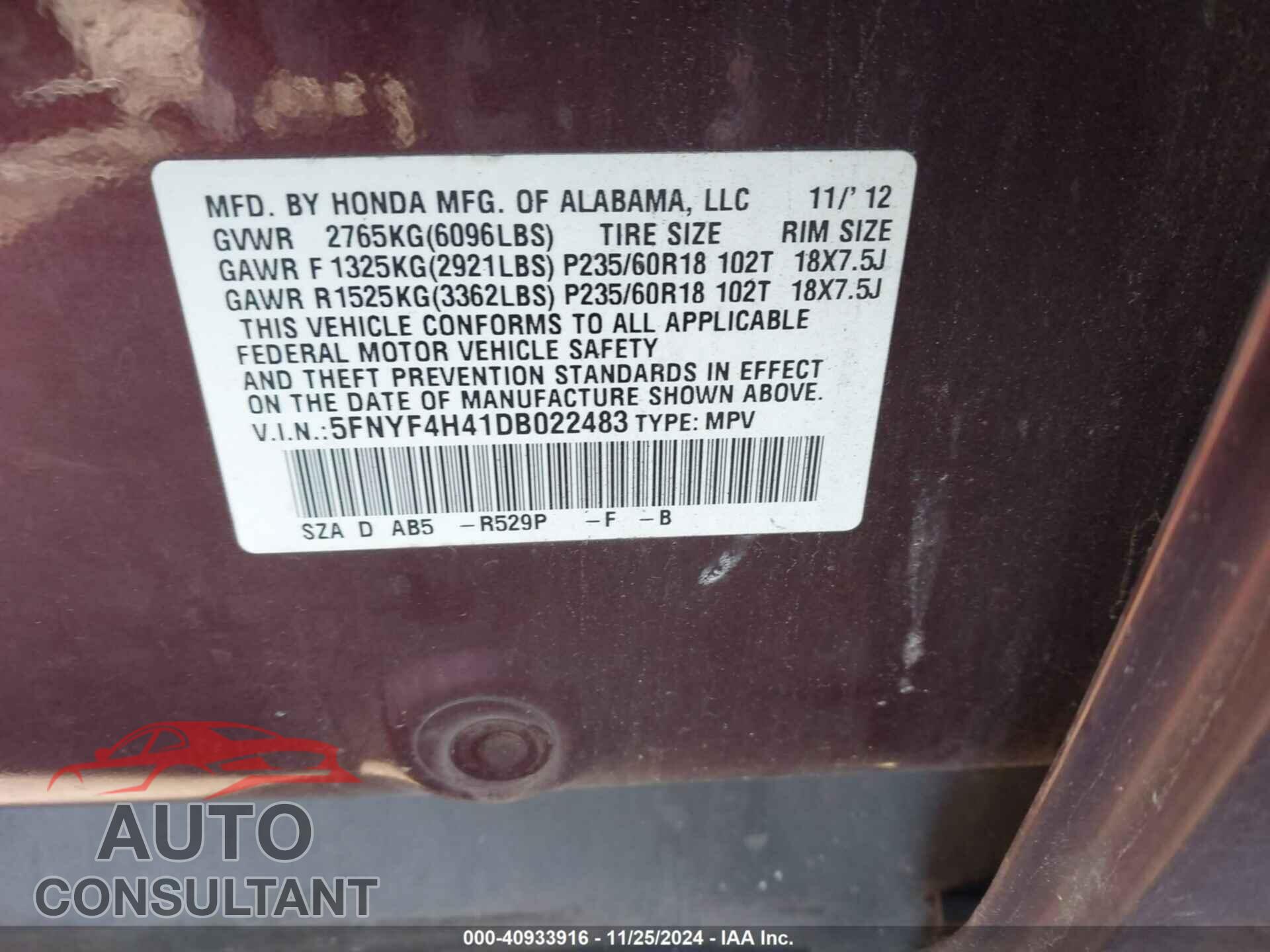 HONDA PILOT 2013 - 5FNYF4H41DB022483