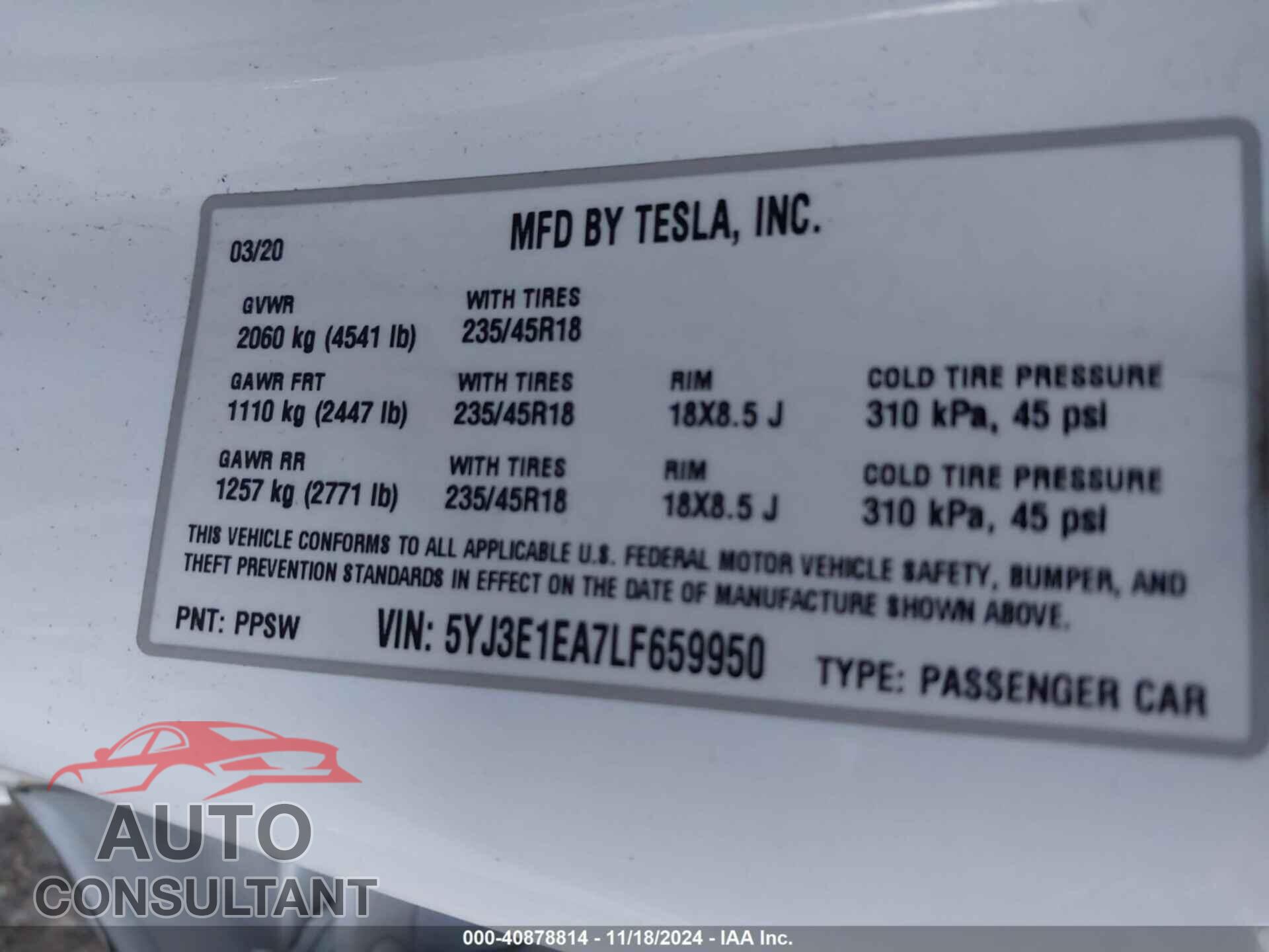TESLA MODEL 3 2020 - 5YJ3E1EA7LF659950