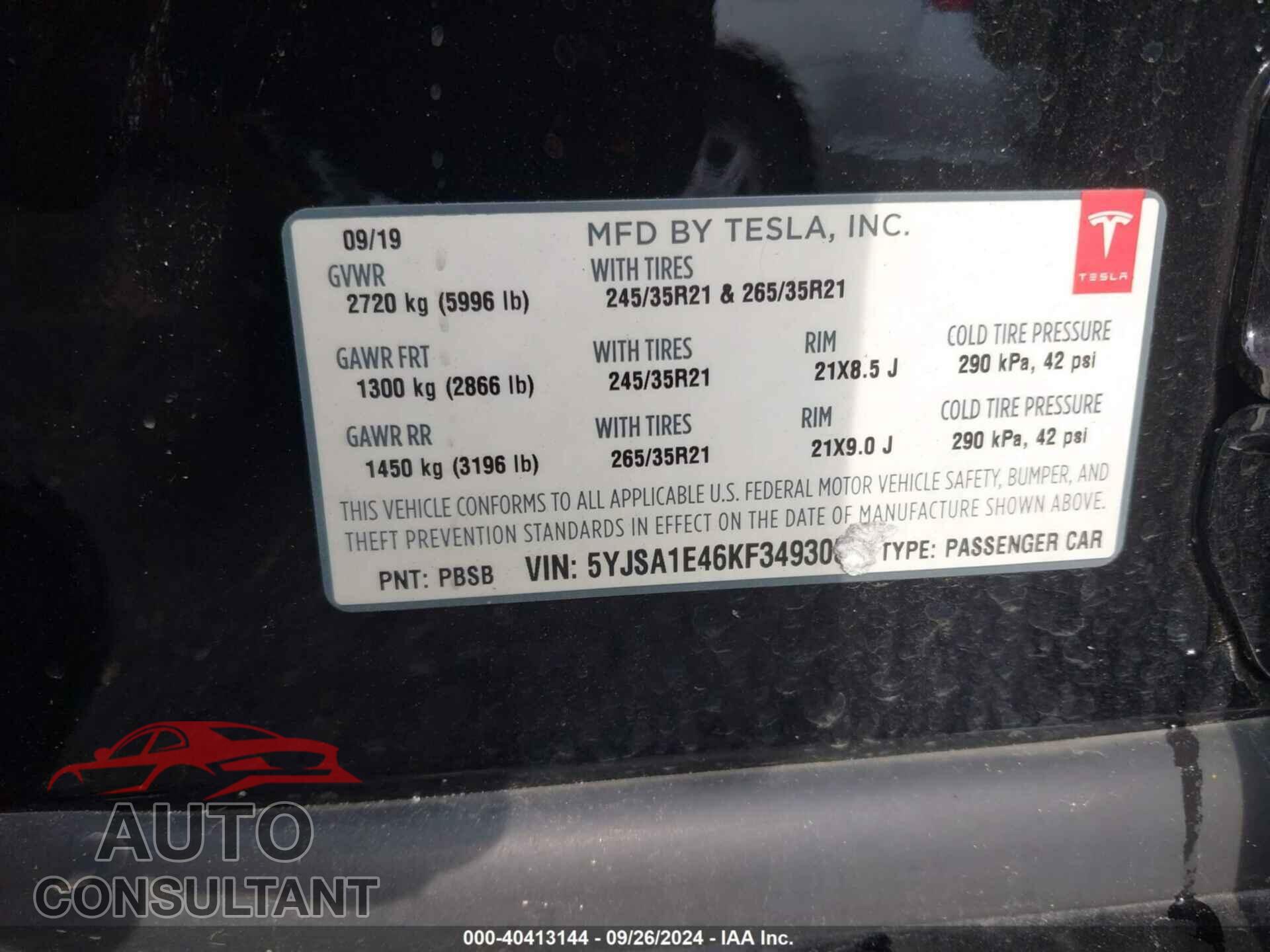 TESLA MODEL S 2019 - 5YJSA1E46KF349305