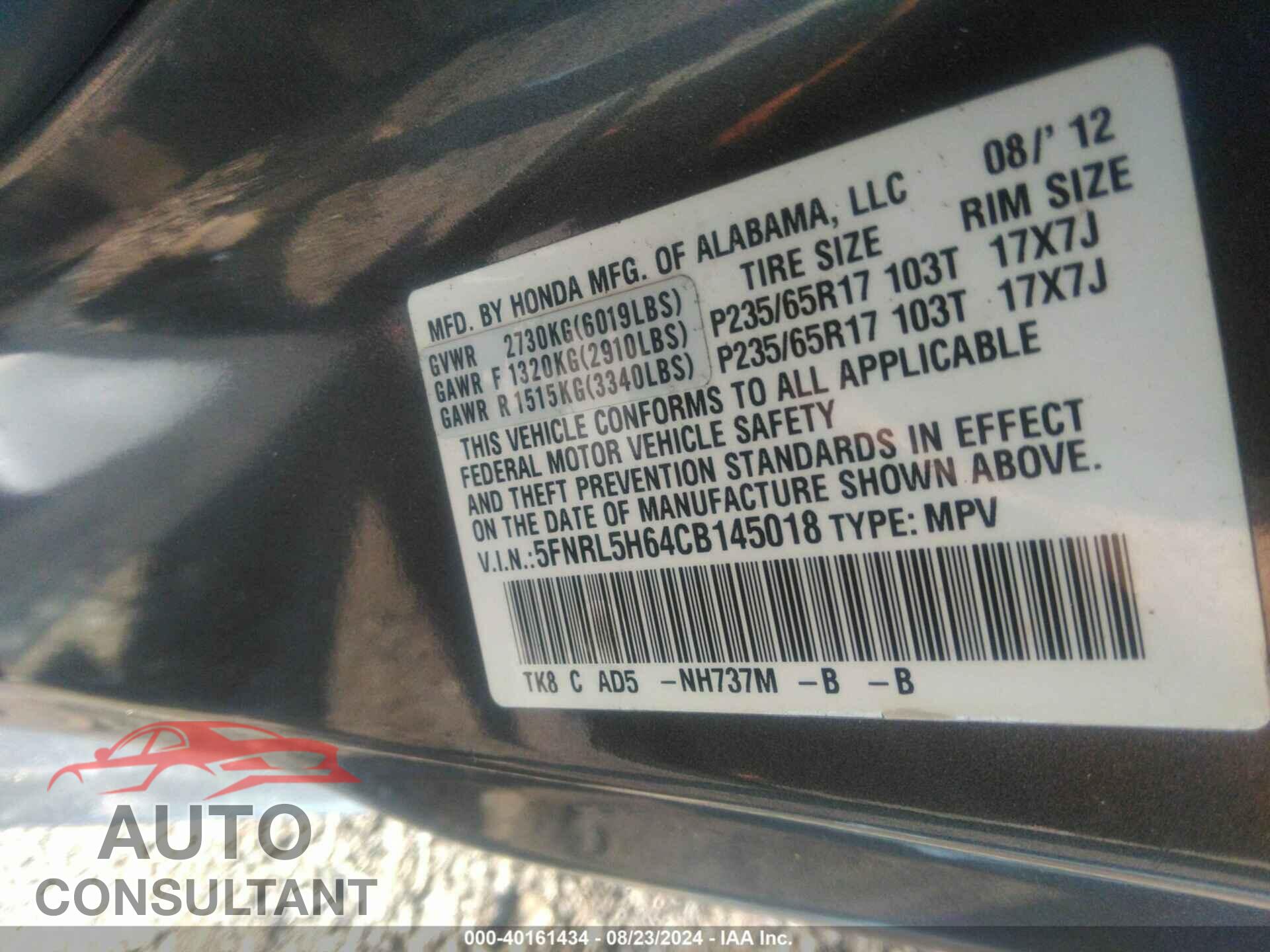 HONDA ODYSSEY 2012 - 5FNRL5H64CB145018