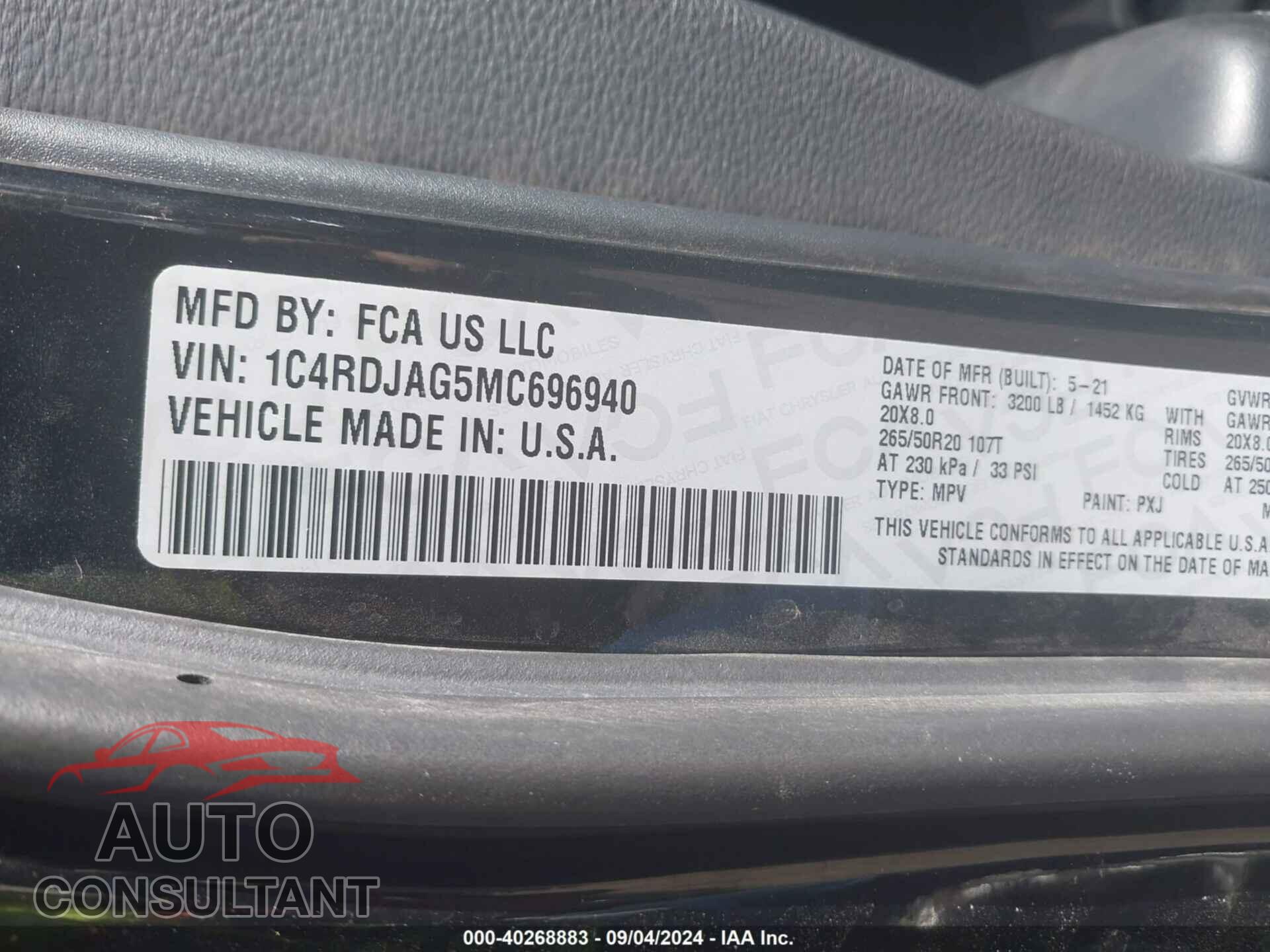 DODGE DURANGO 2021 - 1C4RDJAG5MC696940