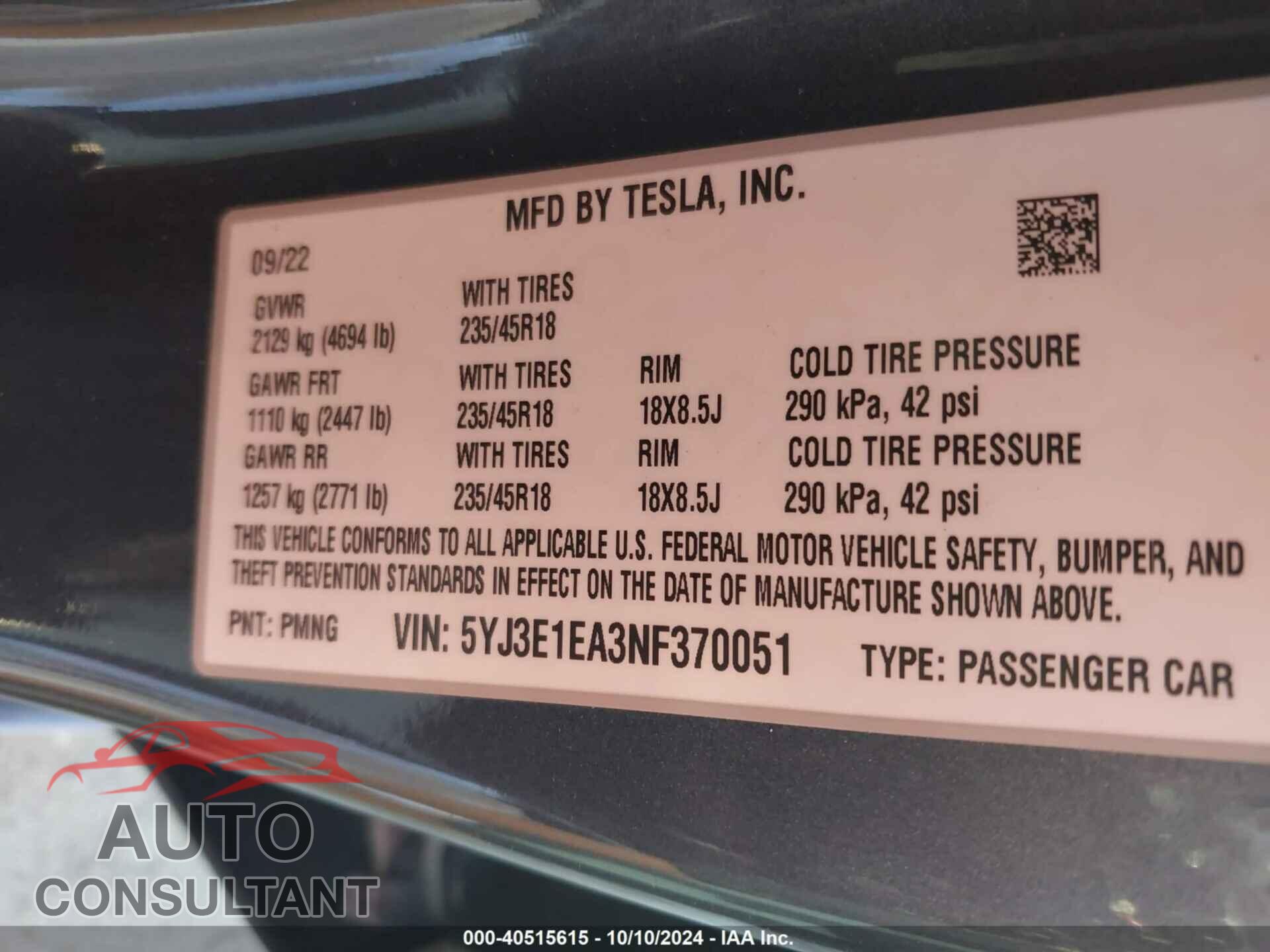 TESLA MODEL 3 2022 - 5YJ3E1EA3NF370051