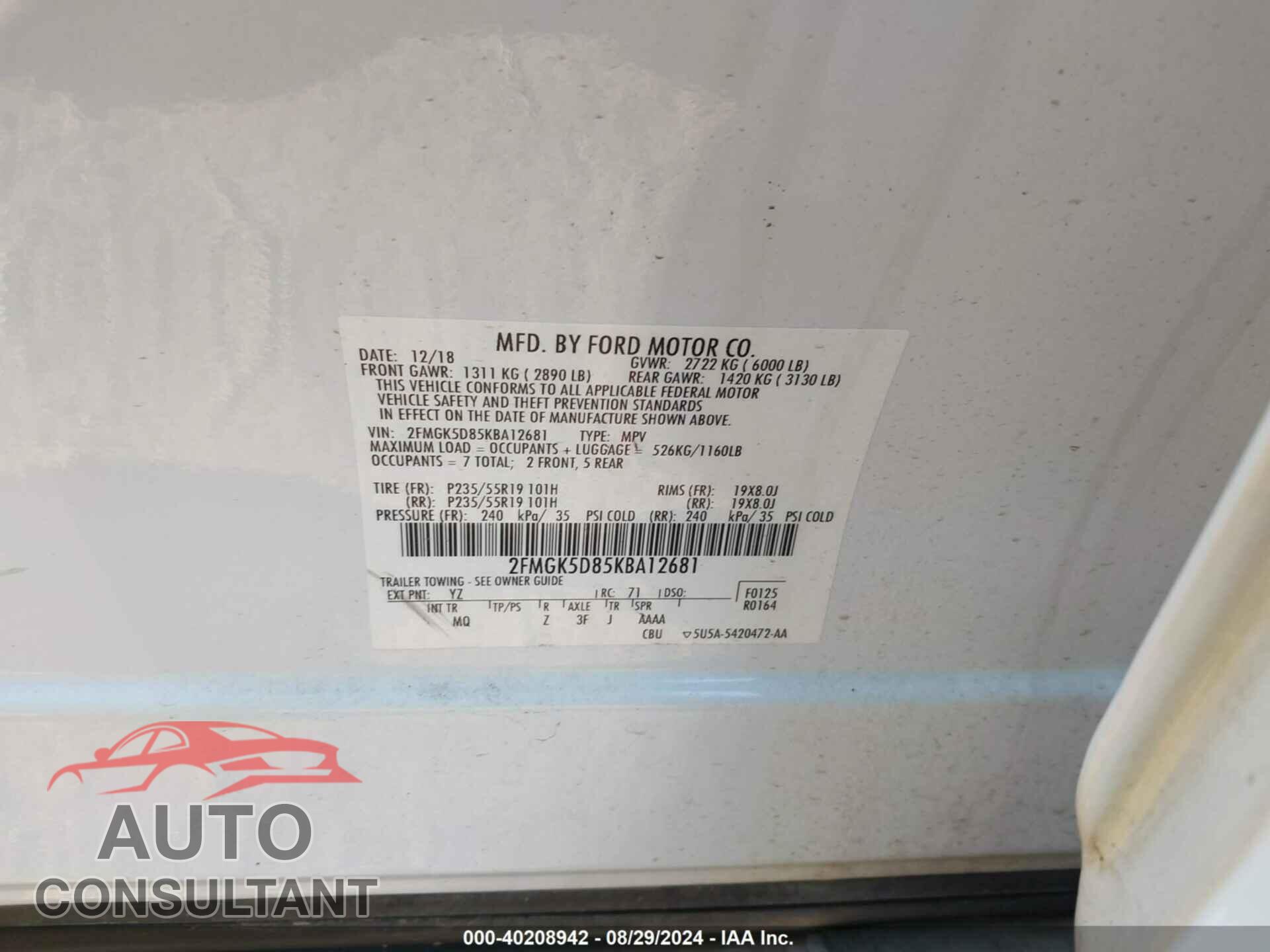 FORD FLEX 2019 - 2FMGK5D85KBA12681