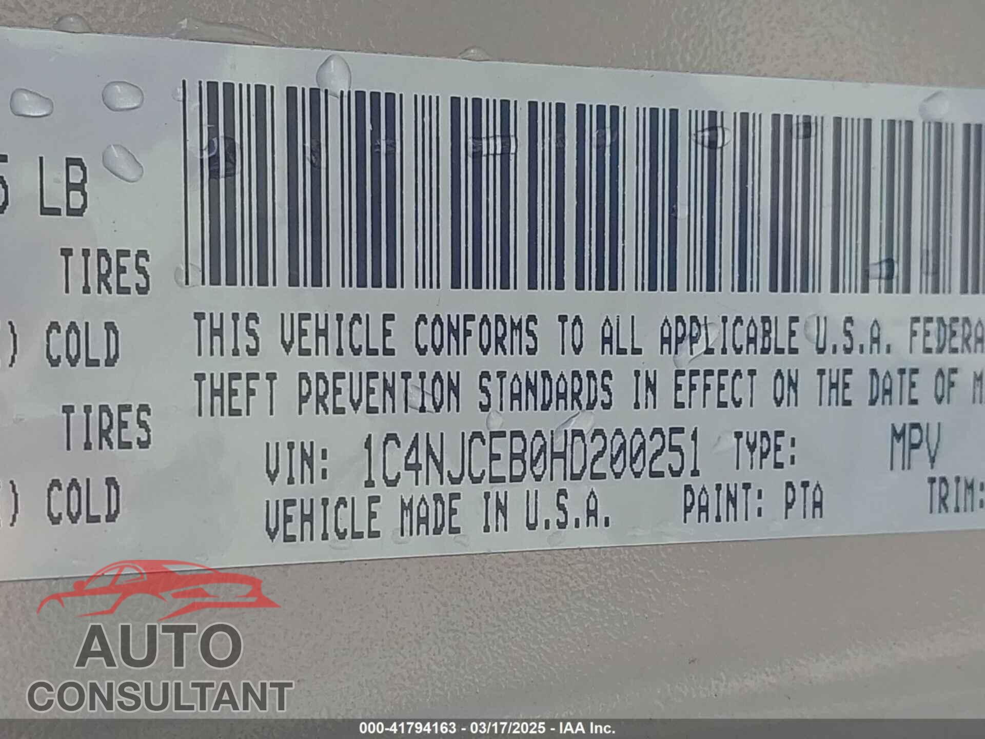 JEEP COMPASS 2017 - 1C4NJCEB0HD200251