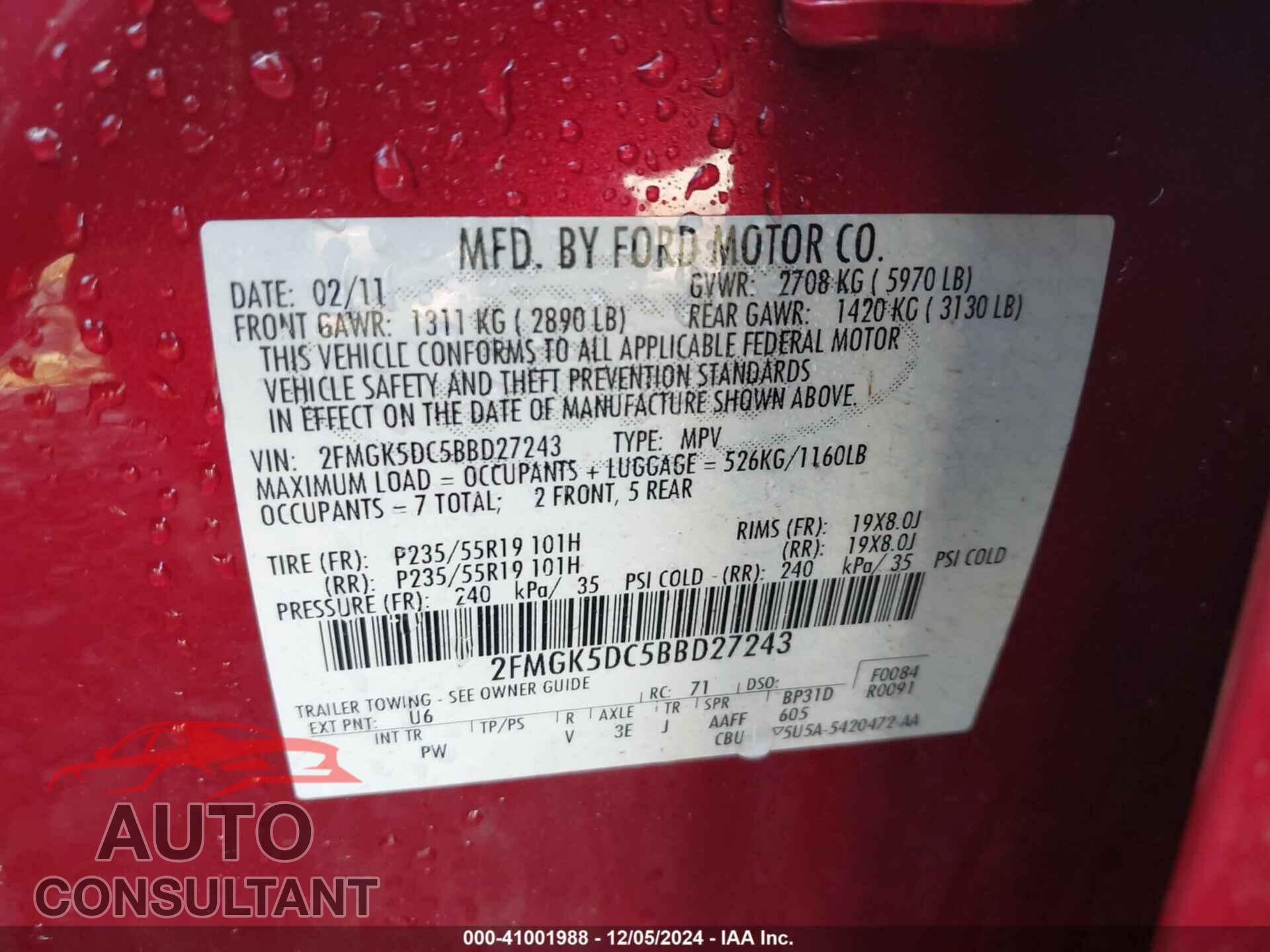 FORD FLEX 2011 - 2FMGK5DC5BBD27243