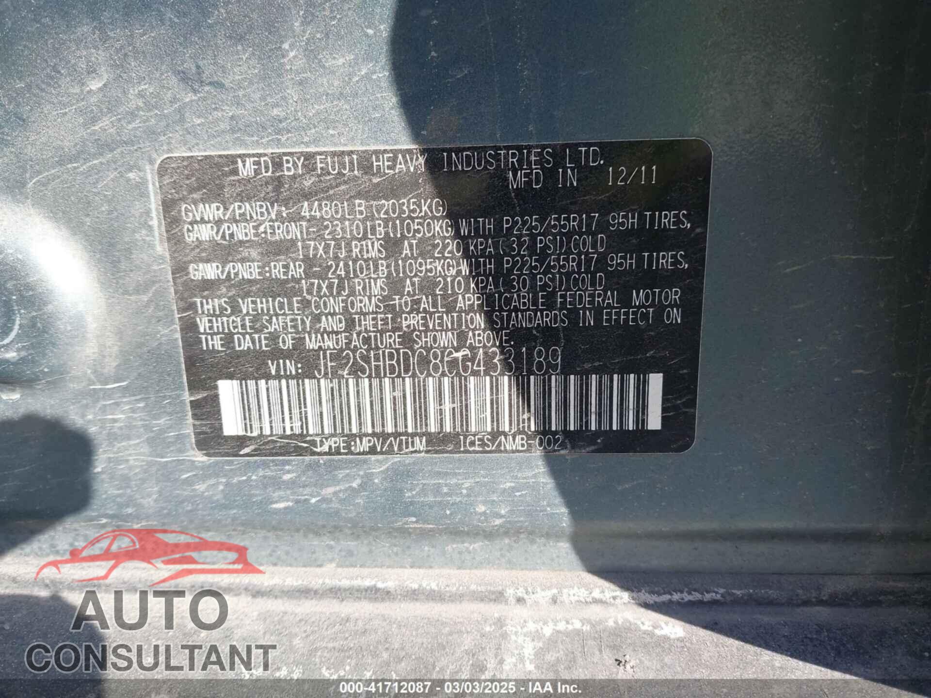SUBARU FORESTER 2012 - JF2SHBDC8CG433189
