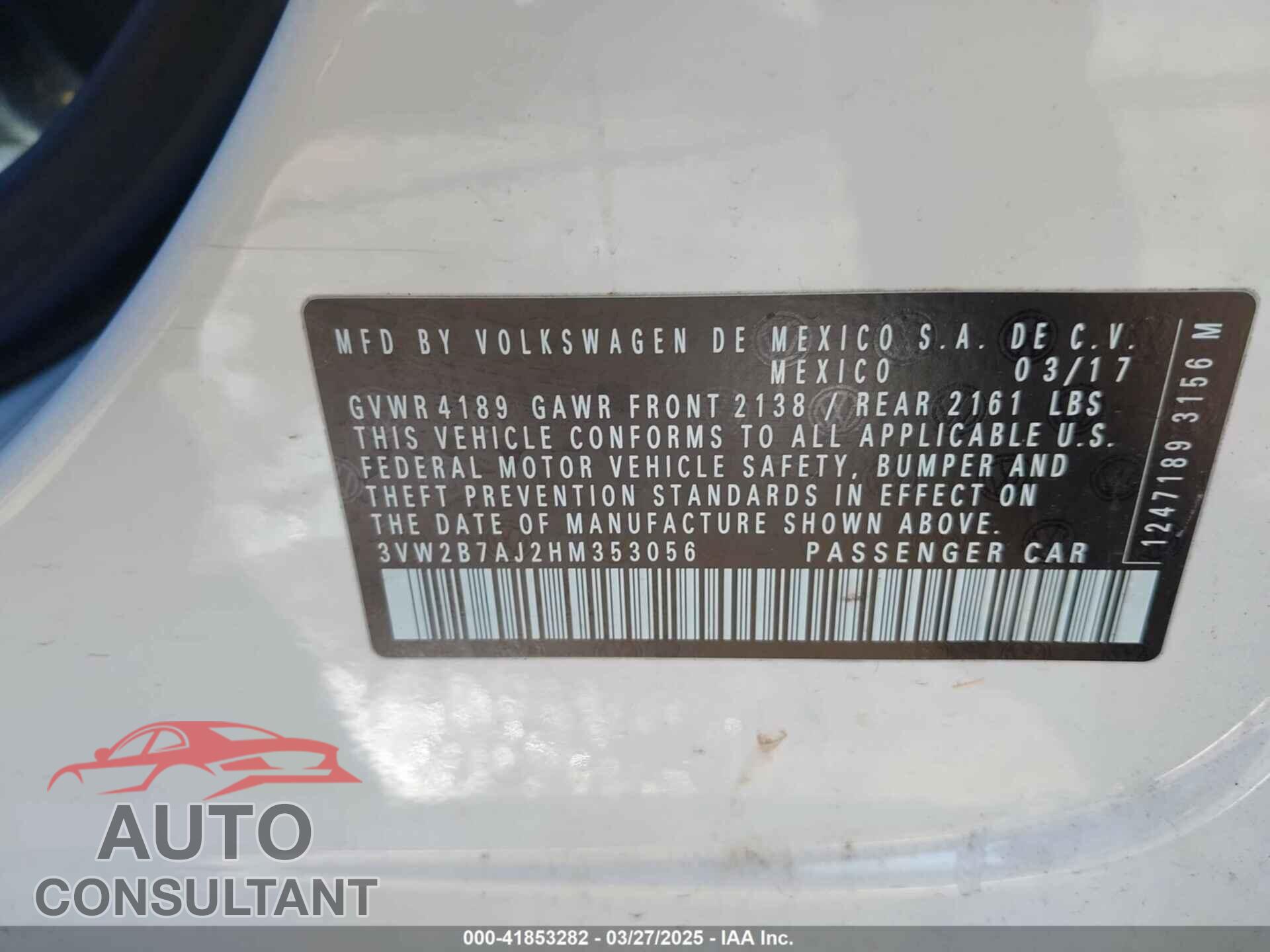VOLKSWAGEN JETTA 2017 - 3VW2B7AJ2HM353056
