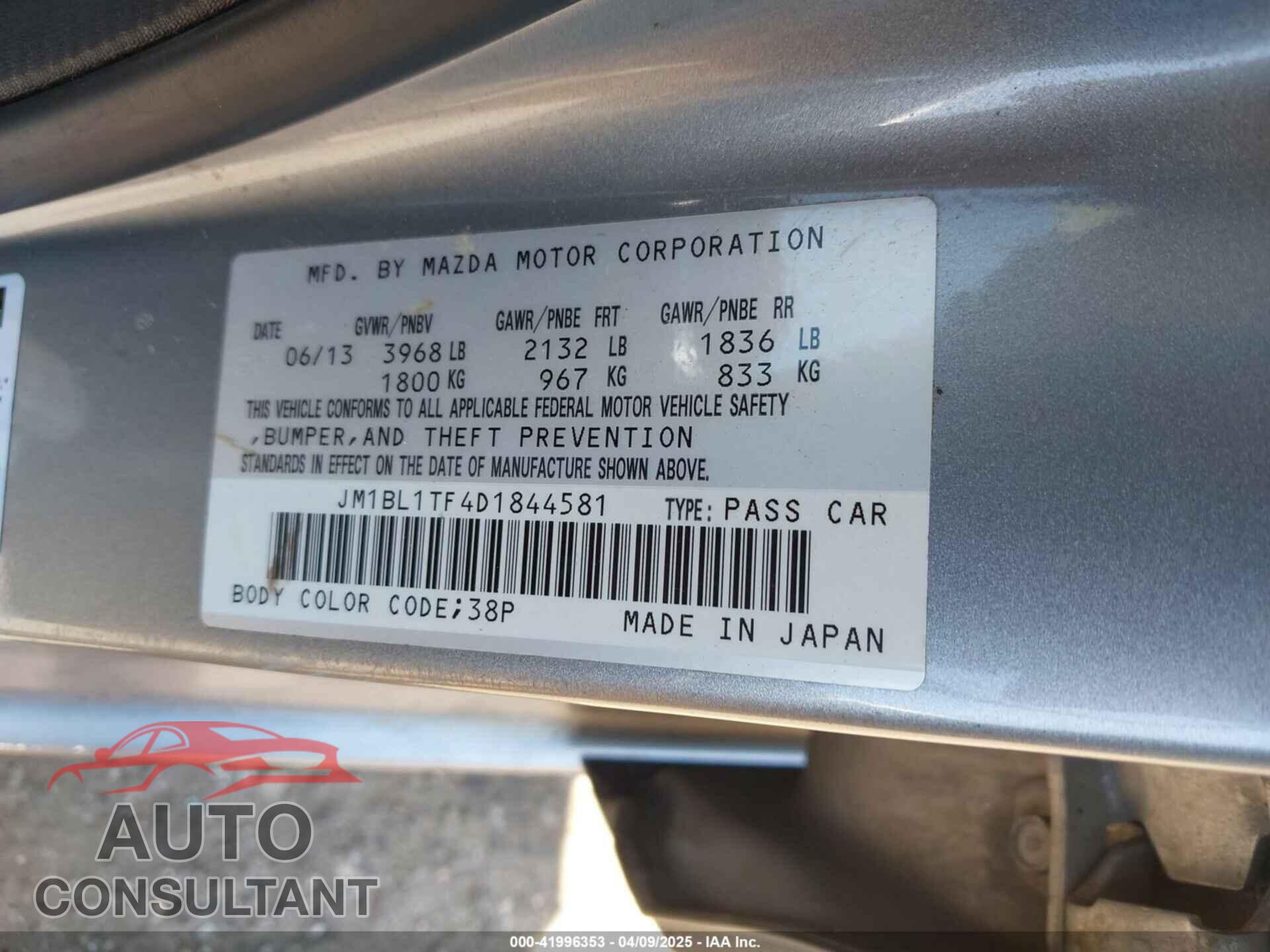 MAZDA MAZDA3 2013 - JM1BL1TF4D1844581