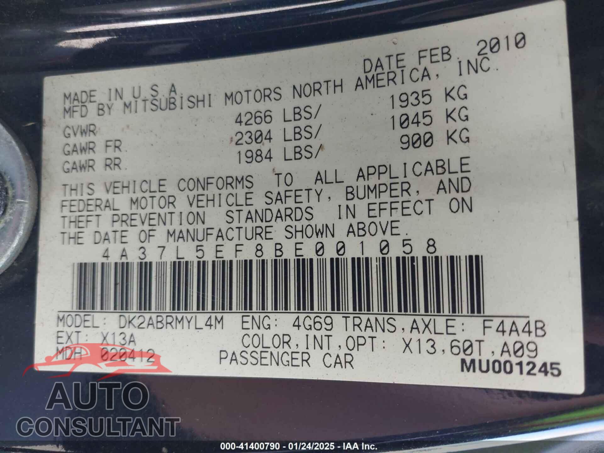 MITSUBISHI ECLIPSE SPYDER 2011 - 4A37L5EF8BE001058