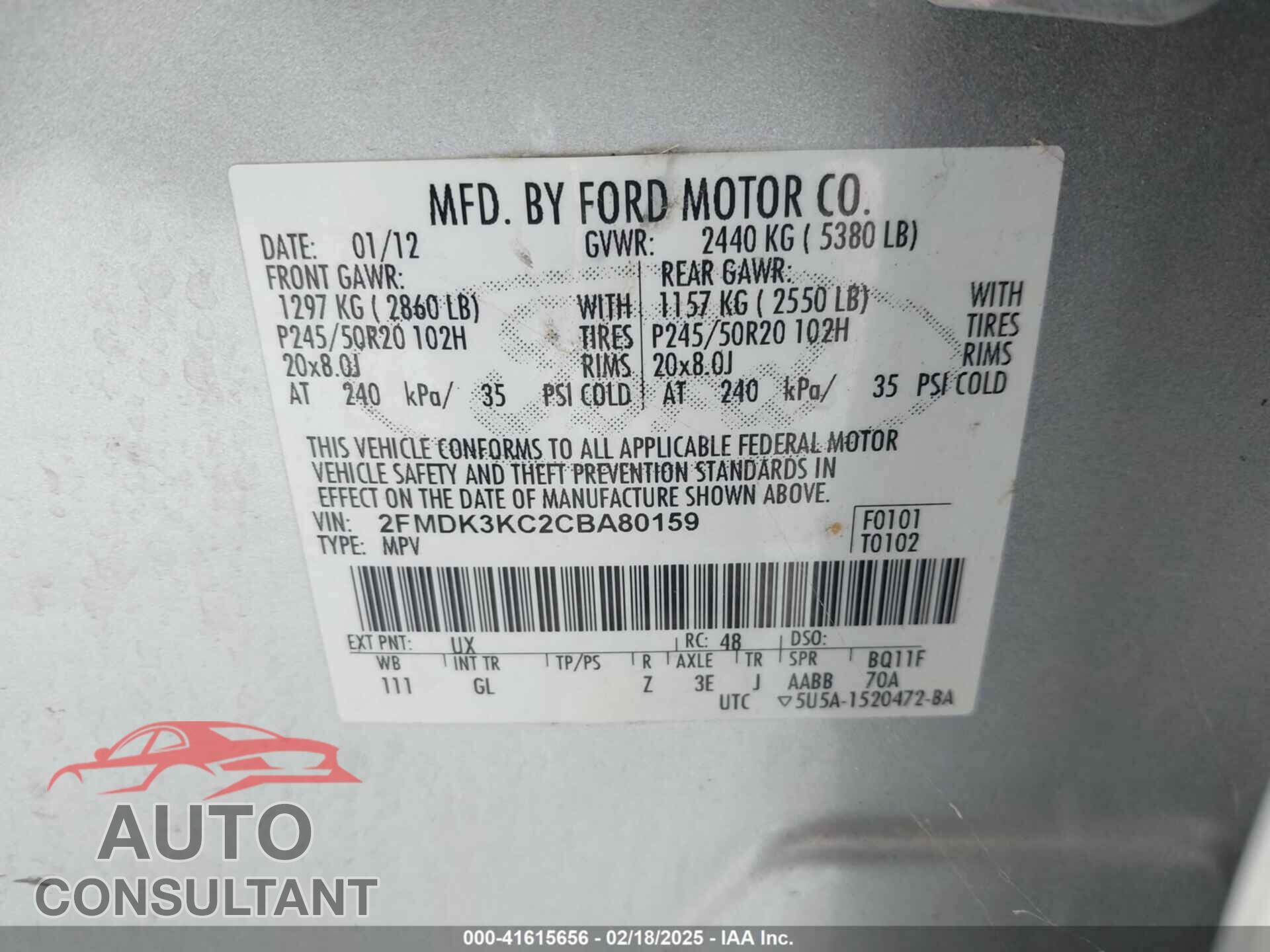 FORD EDGE 2012 - 2FMDK3KC2CBA80159