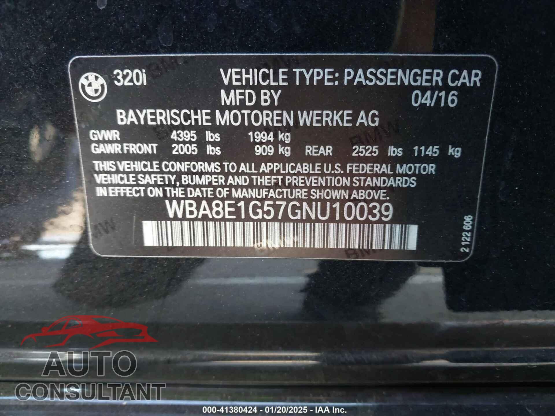 BMW 320I 2016 - WBA8E1G57GNU10039