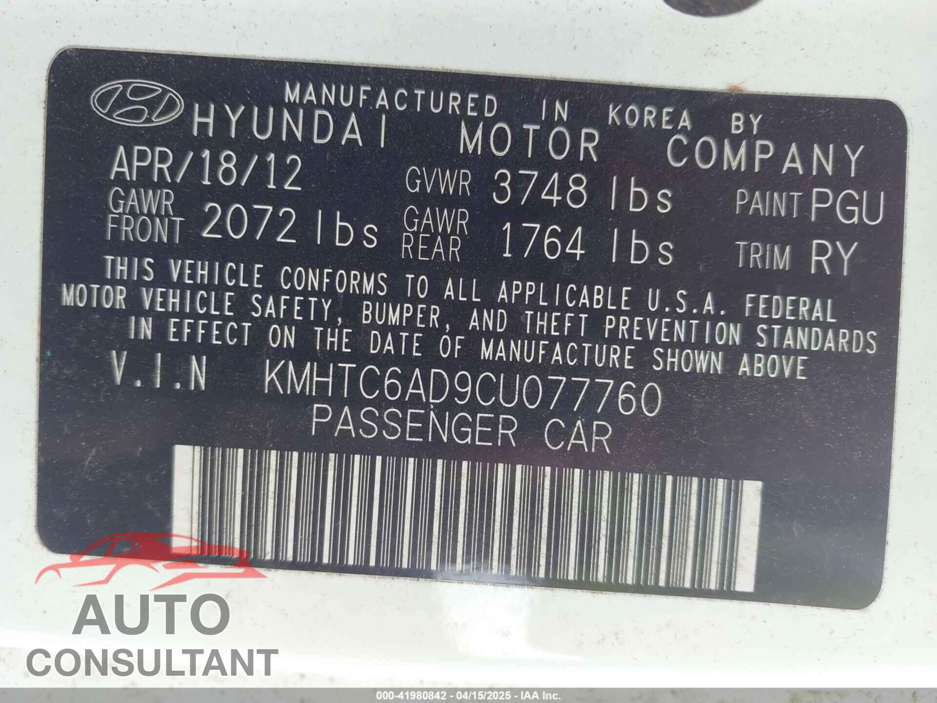 HYUNDAI VELOSTER 2012 - KMHTC6AD9CU077760