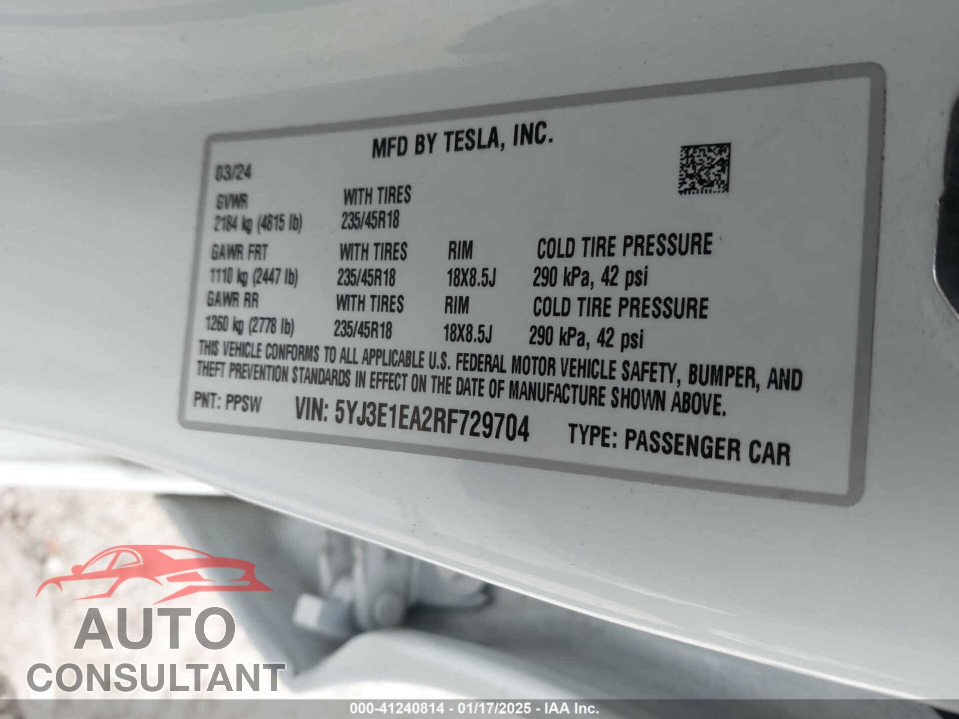TESLA MODEL 3 2024 - 5YJ3E1EA2RF729704