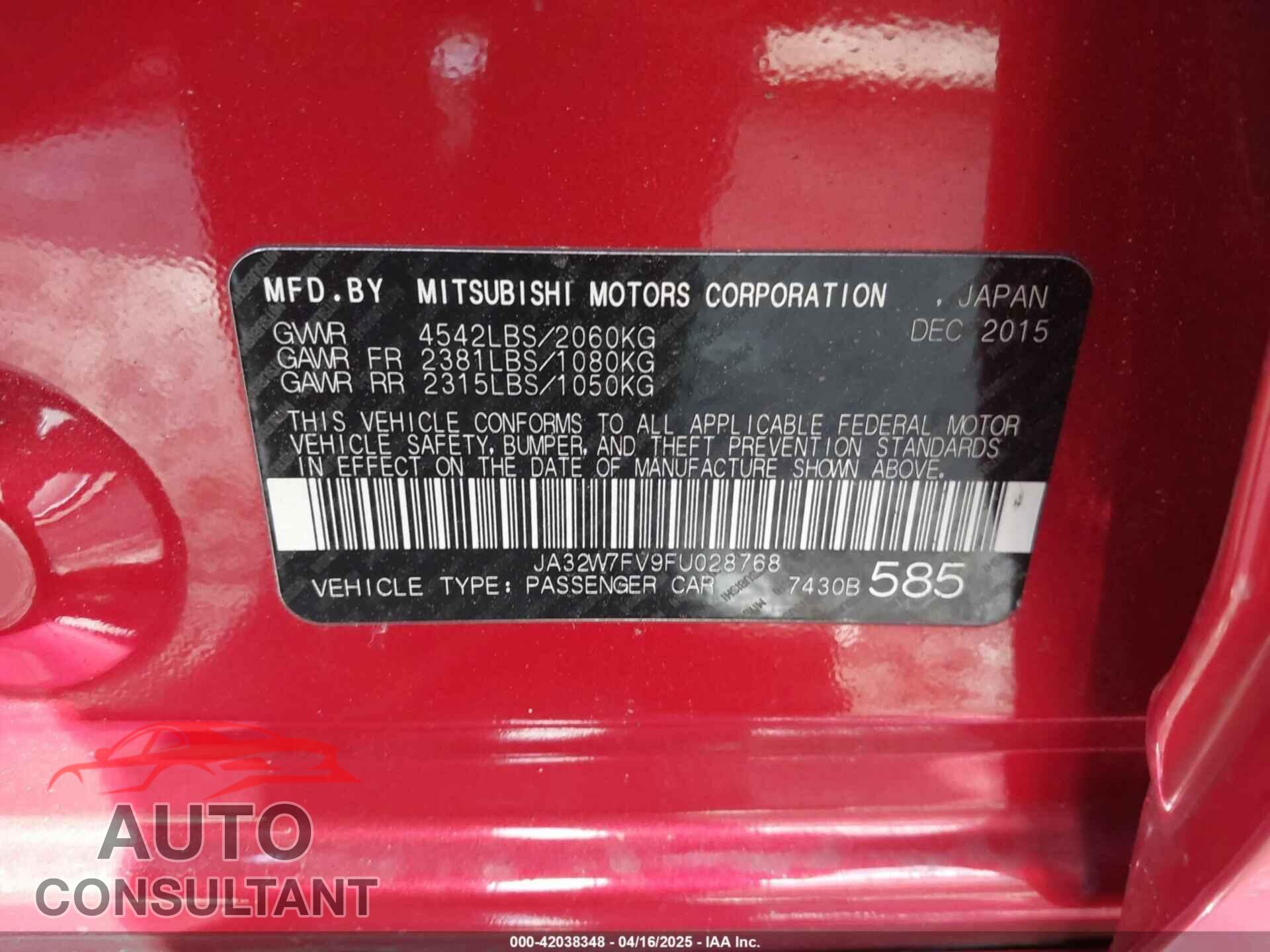 MITSUBISHI LANCER EVOLUTION 2015 - JA32W7FV9FU028768