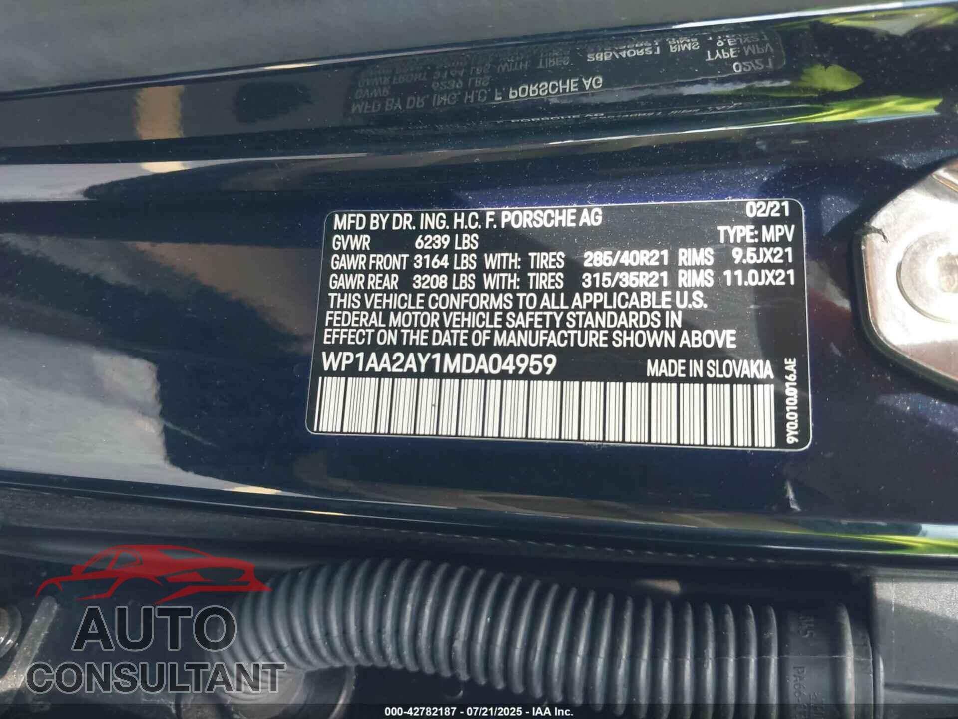 PORSCHE CAYENNE 2021 - WP1AA2AY1MDA04959