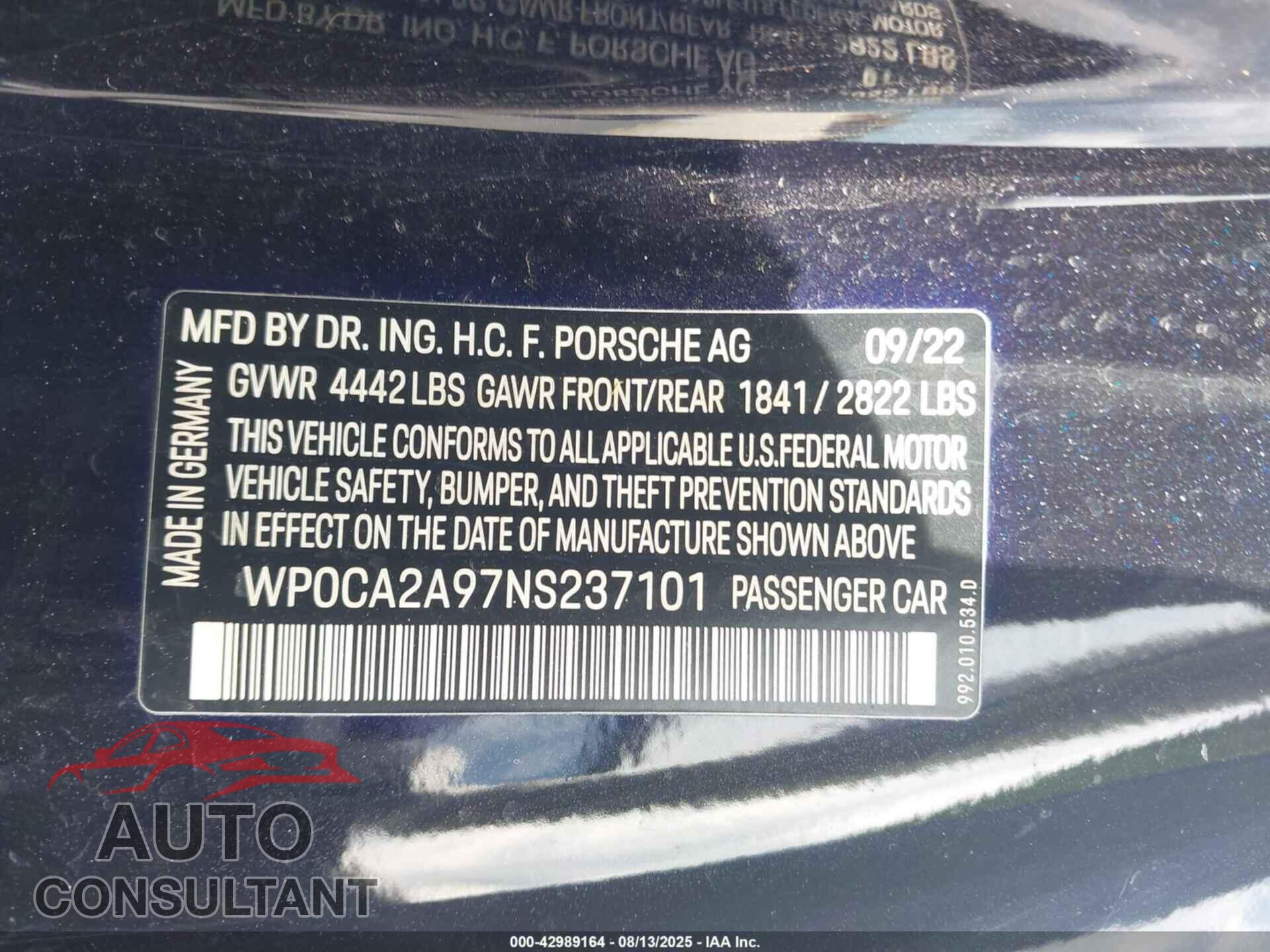 PORSCHE 911 2022 - WP0CA2A97NS237101
