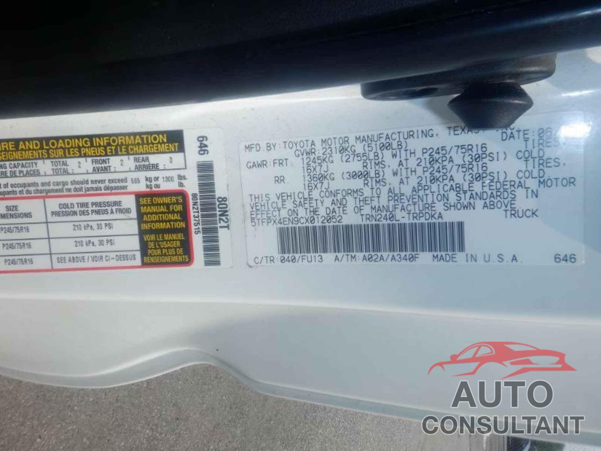 TOYOTA TACOMA 2012 - 5TFPX4EN9CX012052