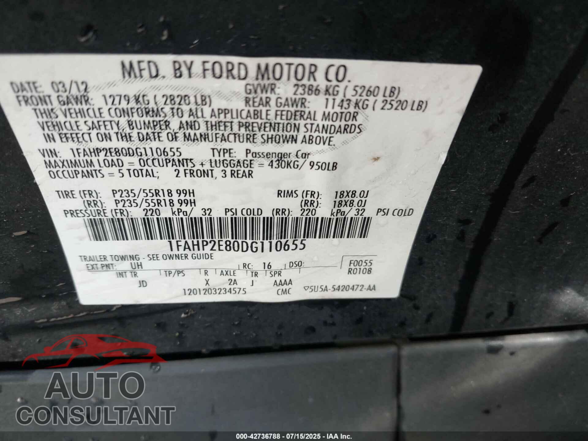 FORD TAURUS 2013 - 1FAHP2E80DG110655