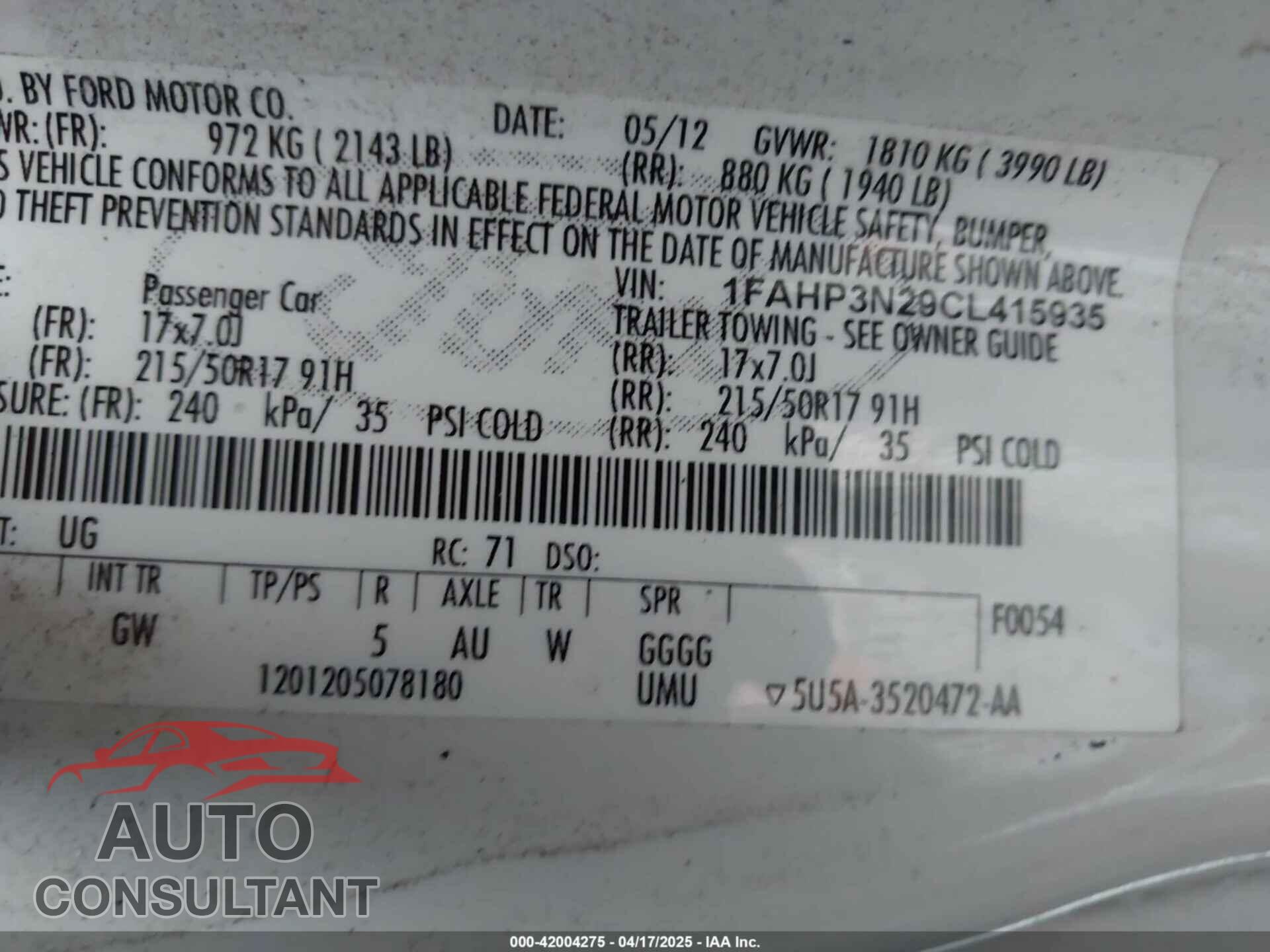 FORD FOCUS 2012 - 1FAHP3N29CL415935