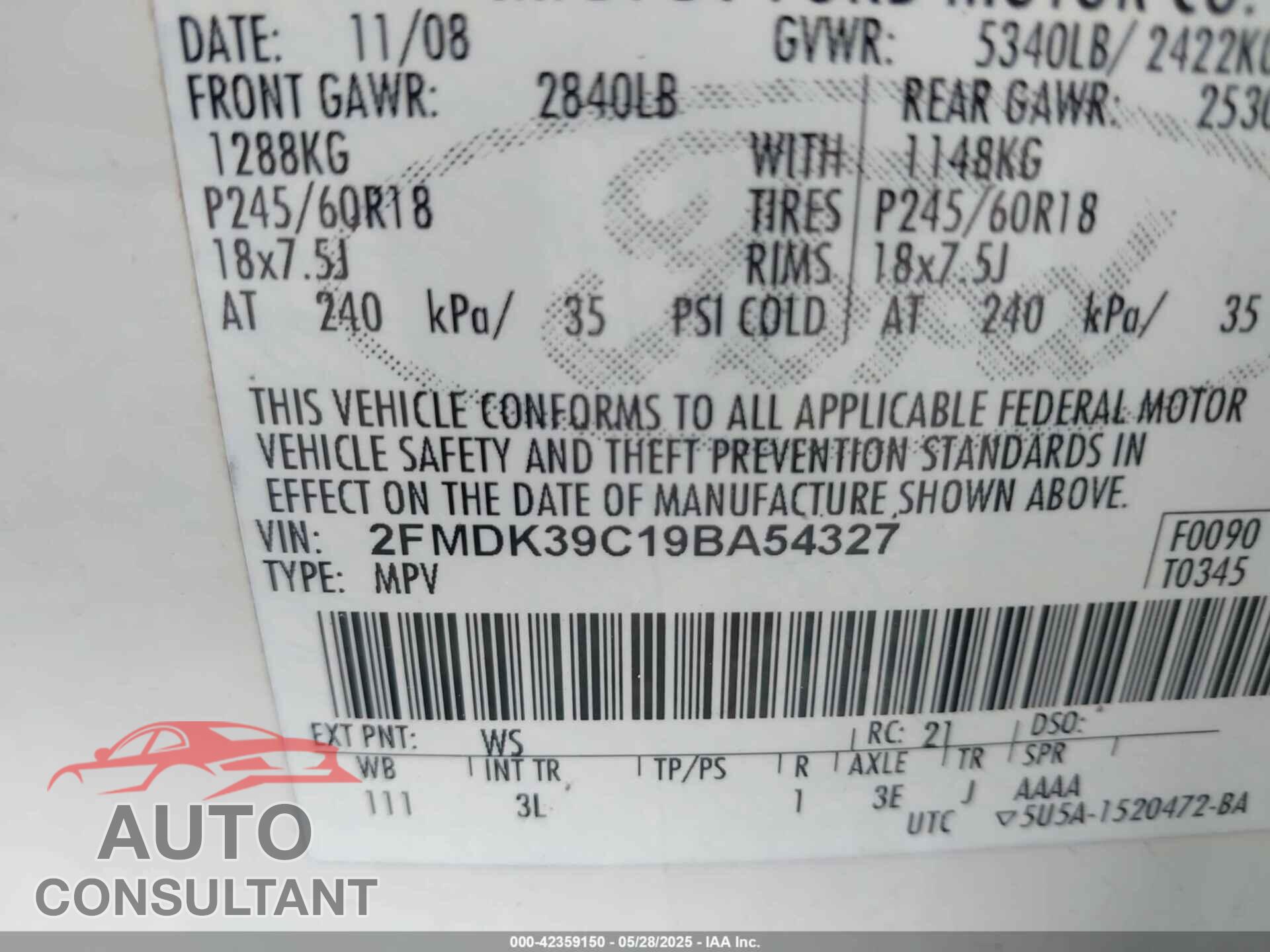 FORD EDGE 2009 - 2FMDK39C19BA54327