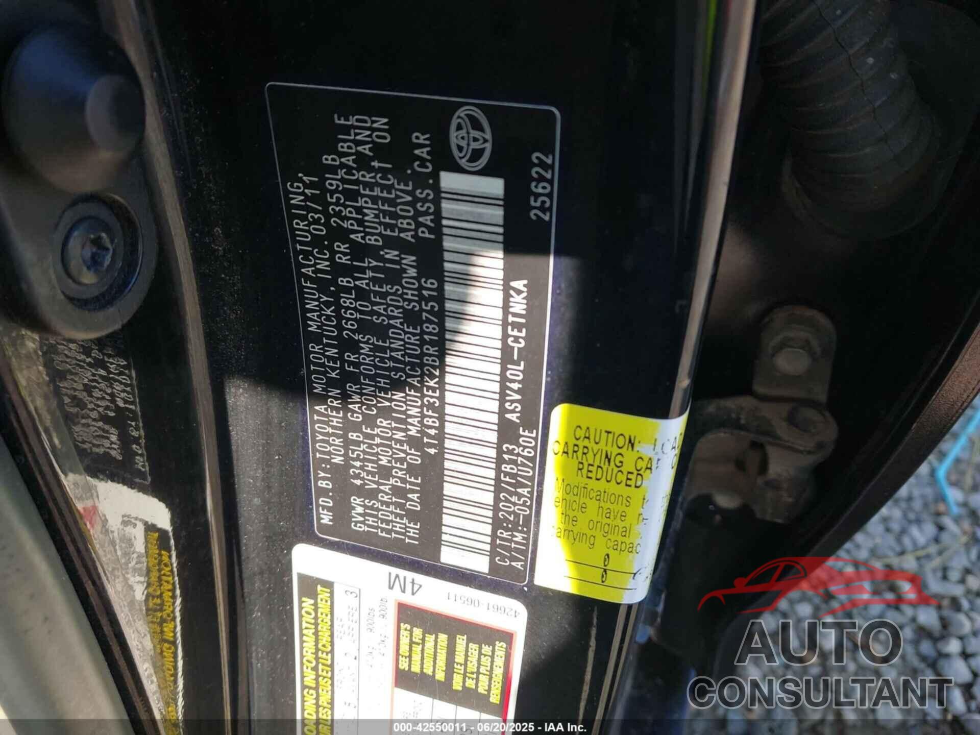 TOYOTA CAMRY 2011 - 4T4BF3EK2BR187516