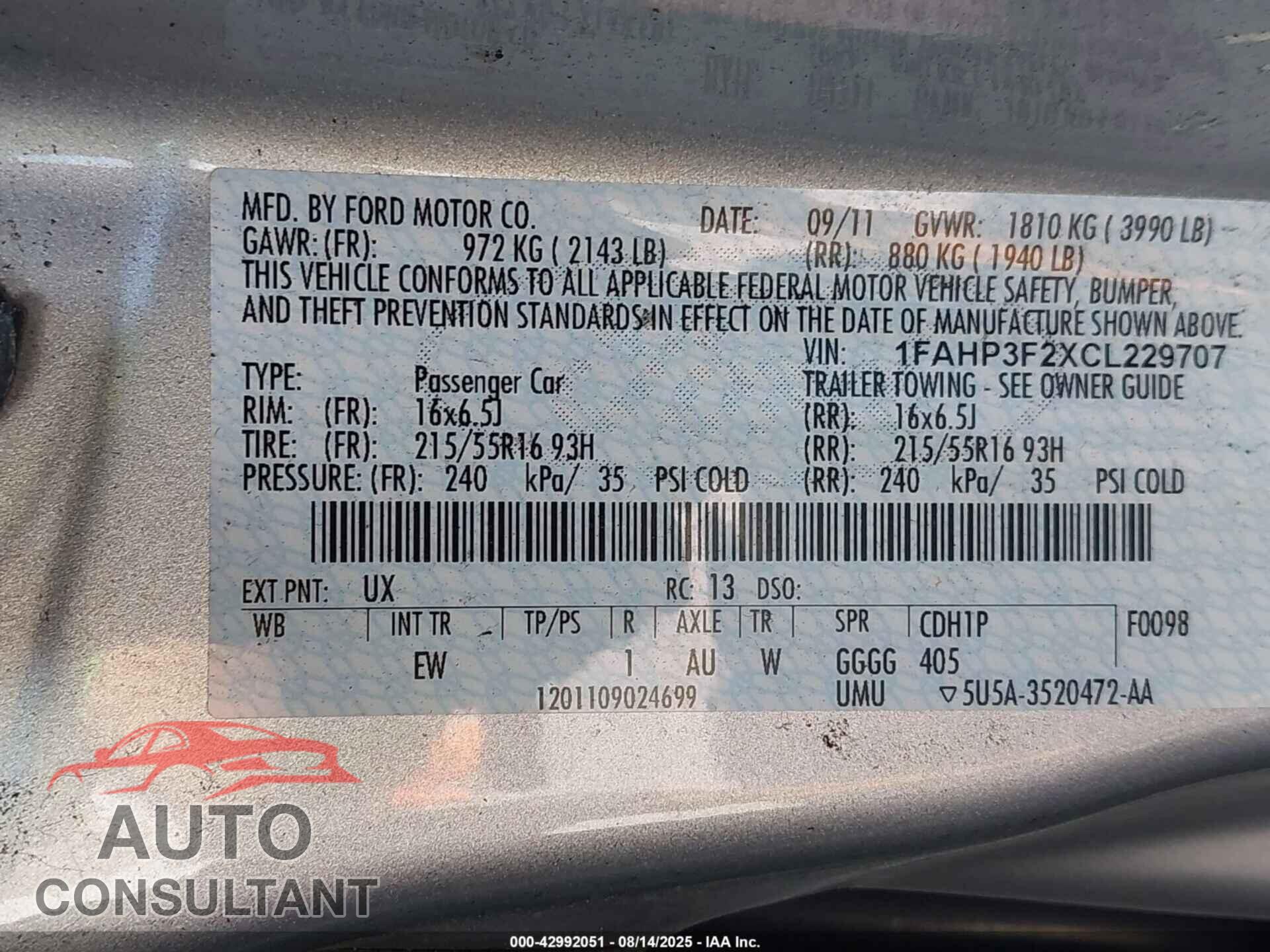 FORD FOCUS 2012 - 1FAHP3F2XCL229707