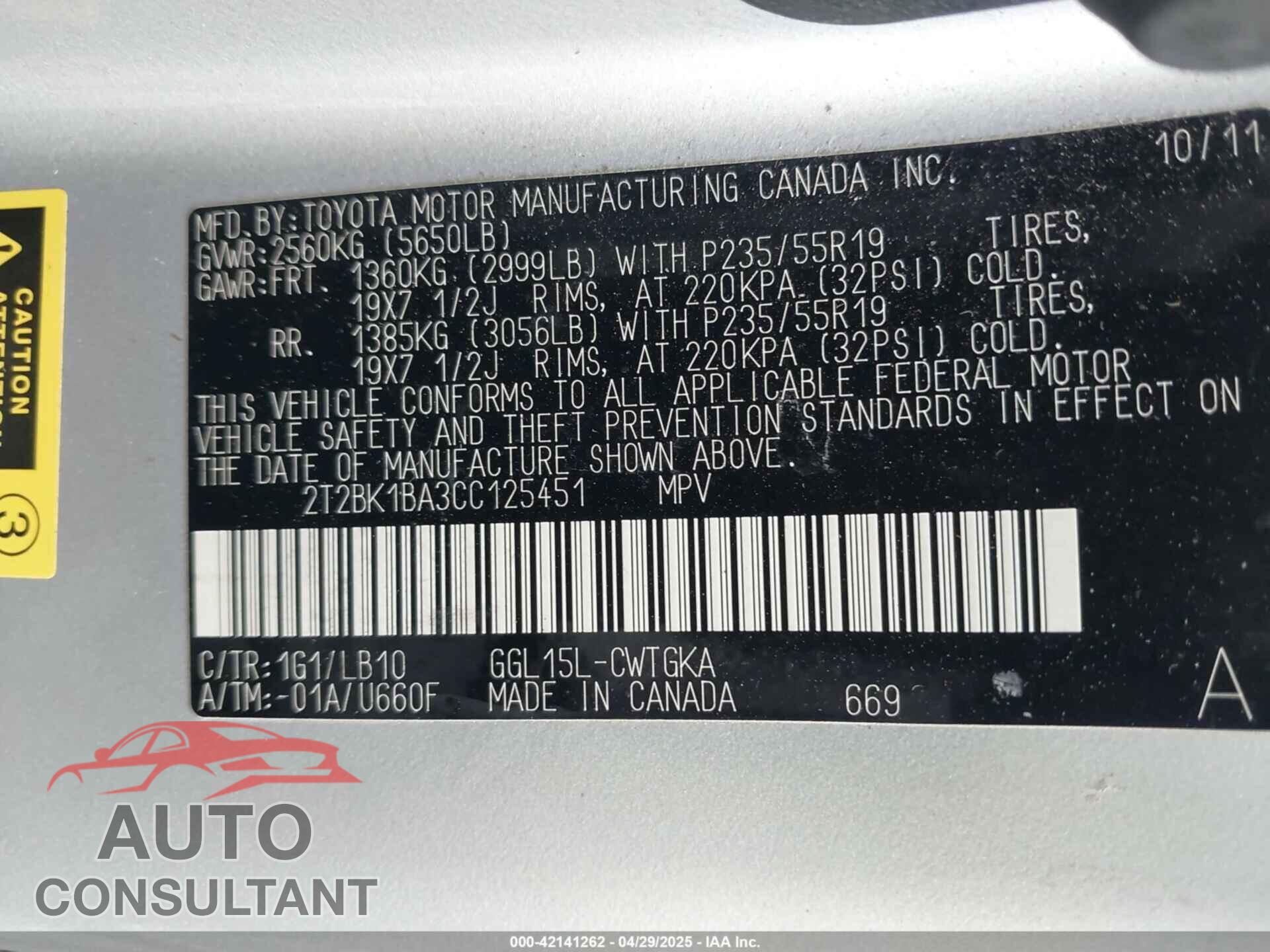 LEXUS RX 350 2012 - 2T2BK1BA3CC125451
