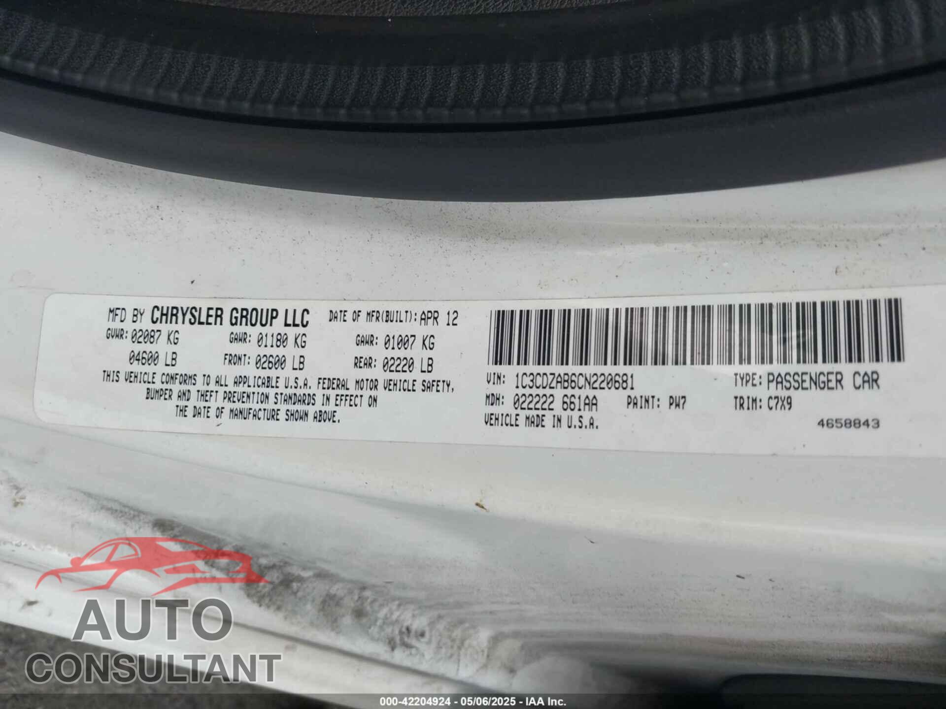 DODGE AVENGER 2012 - 1C3CDZAB6CN220681