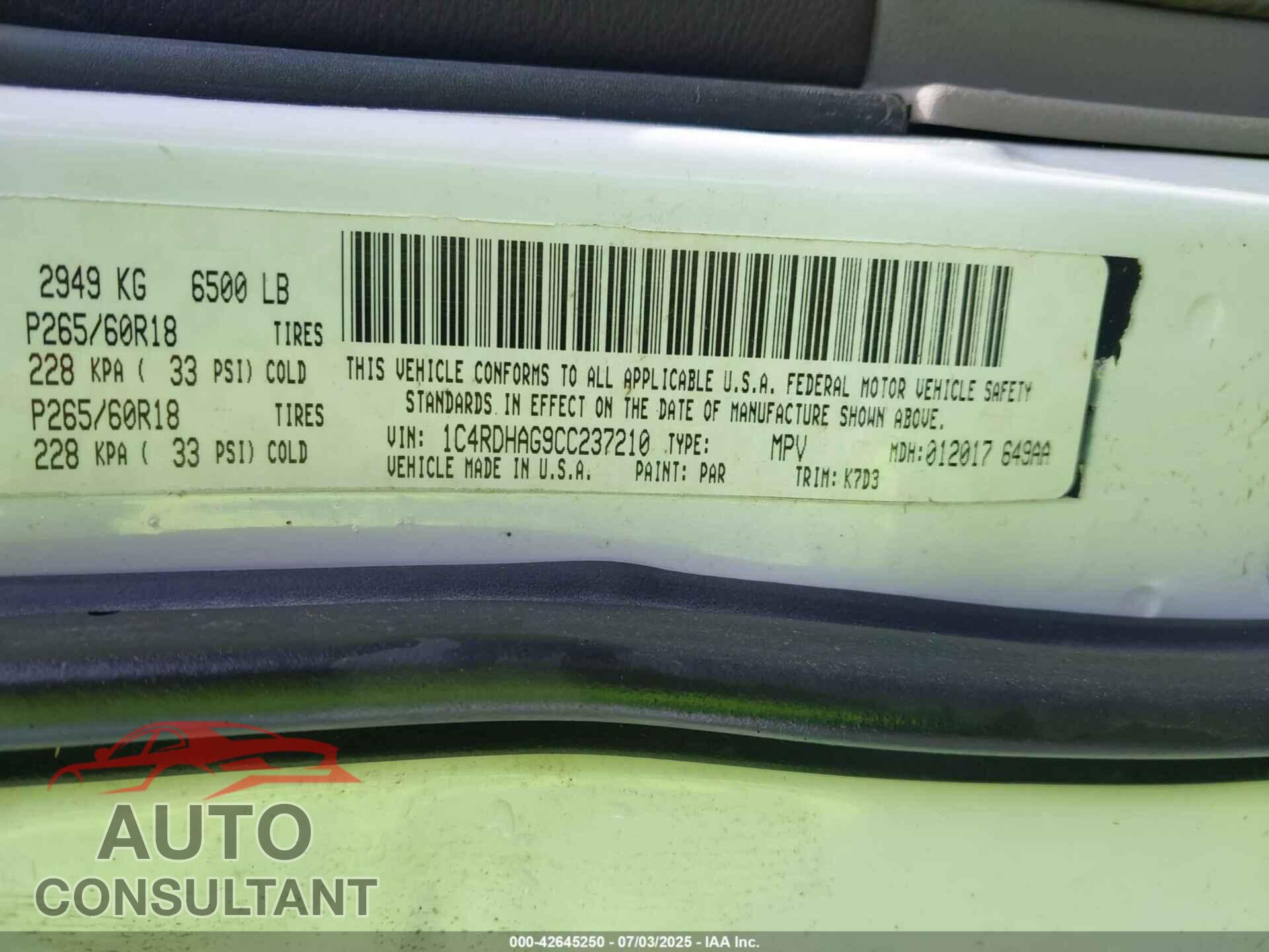 DODGE DURANGO 2012 - 1C4RDHAG9CC237210